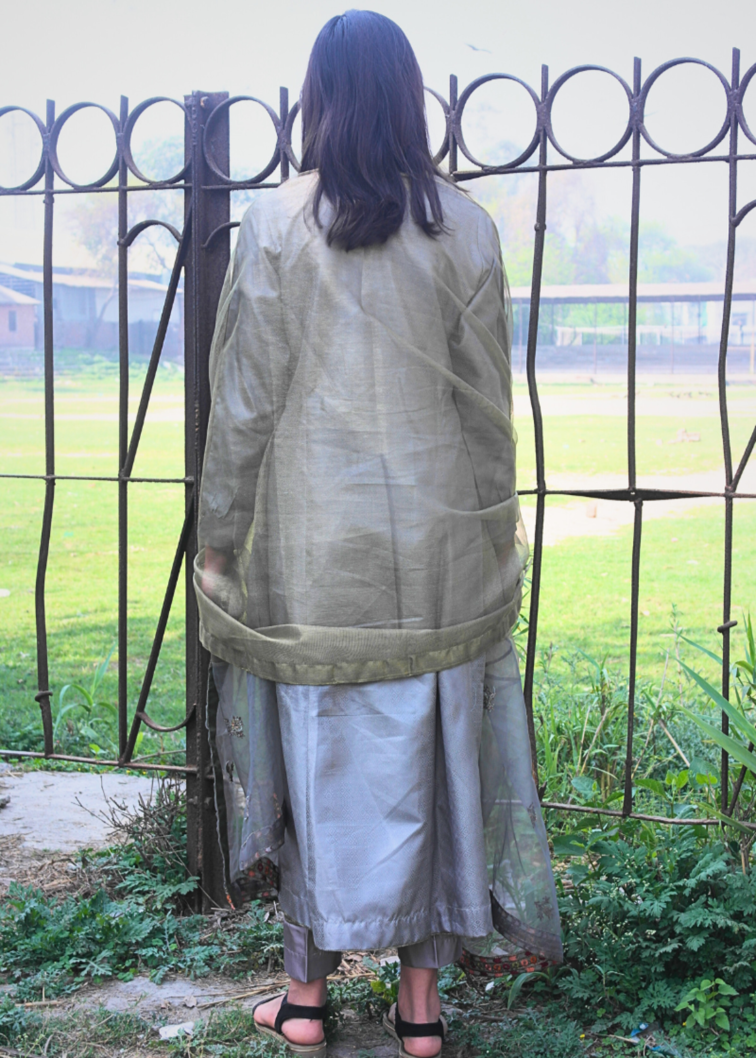 jacquard silk Anarkali in Ash grey