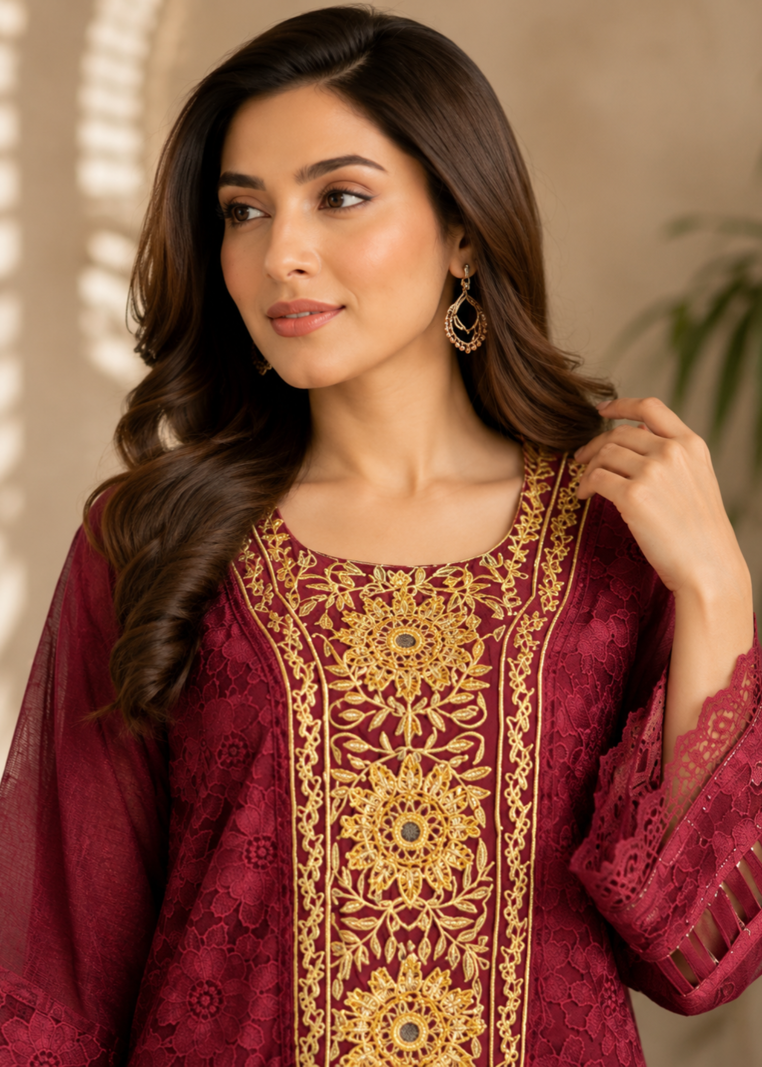 tissue Kurta Set in Maroon