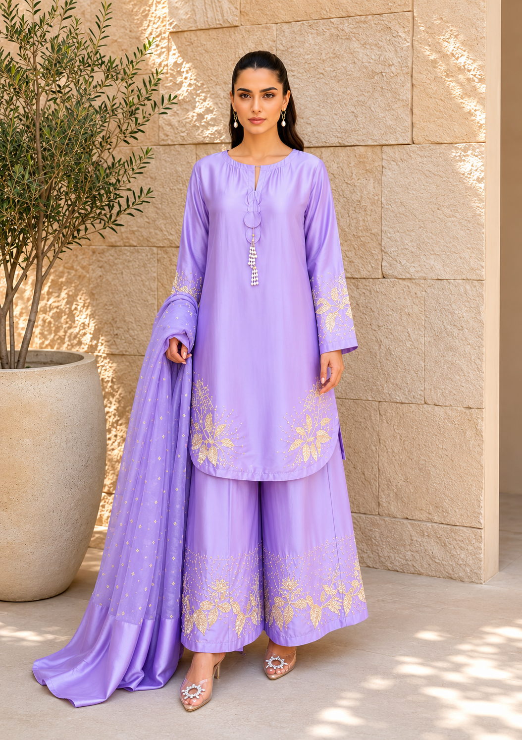 polyester charmeuse Kurta Set in Lilac