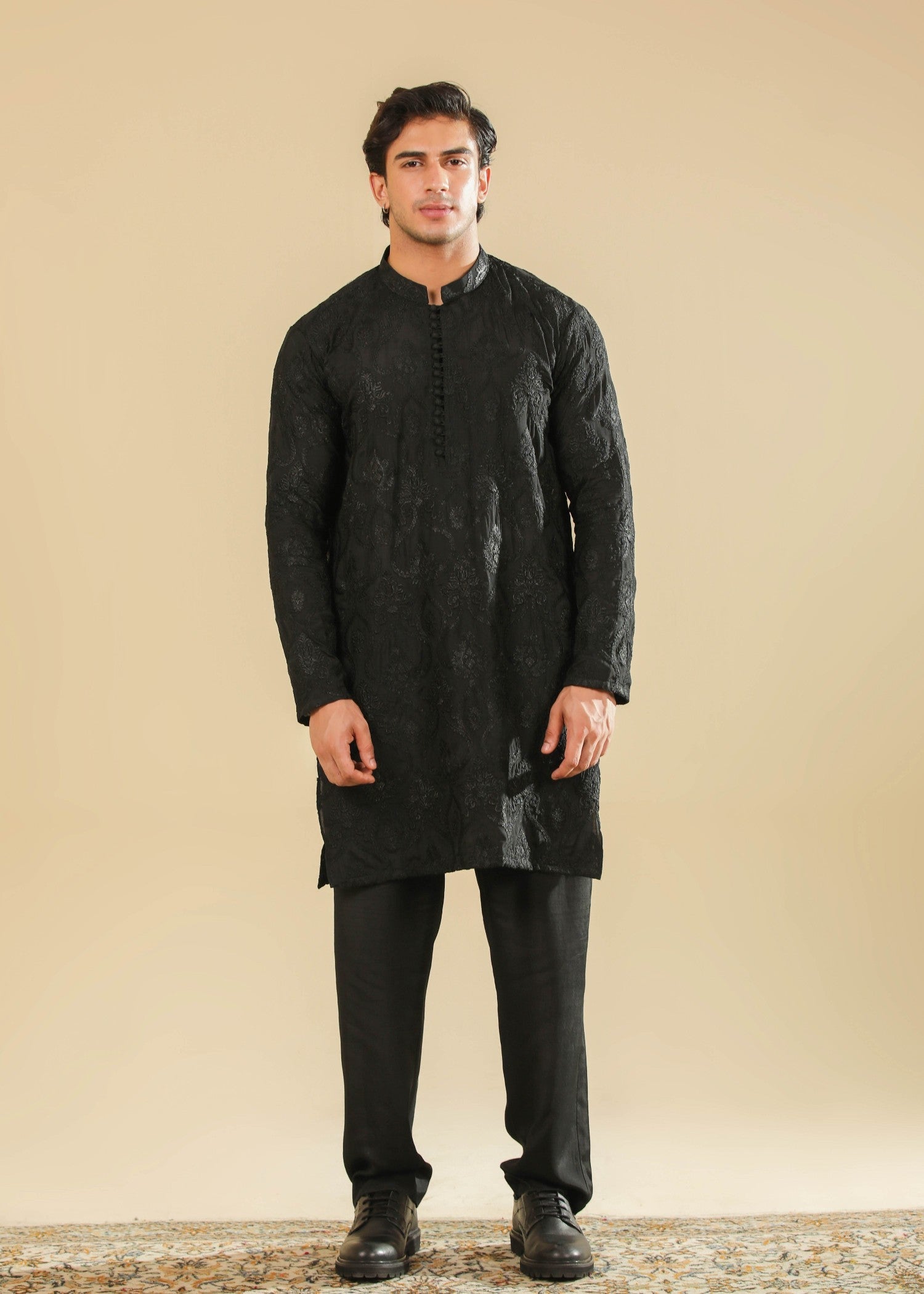 raw silk Kurta Set in Black by Muraqsh