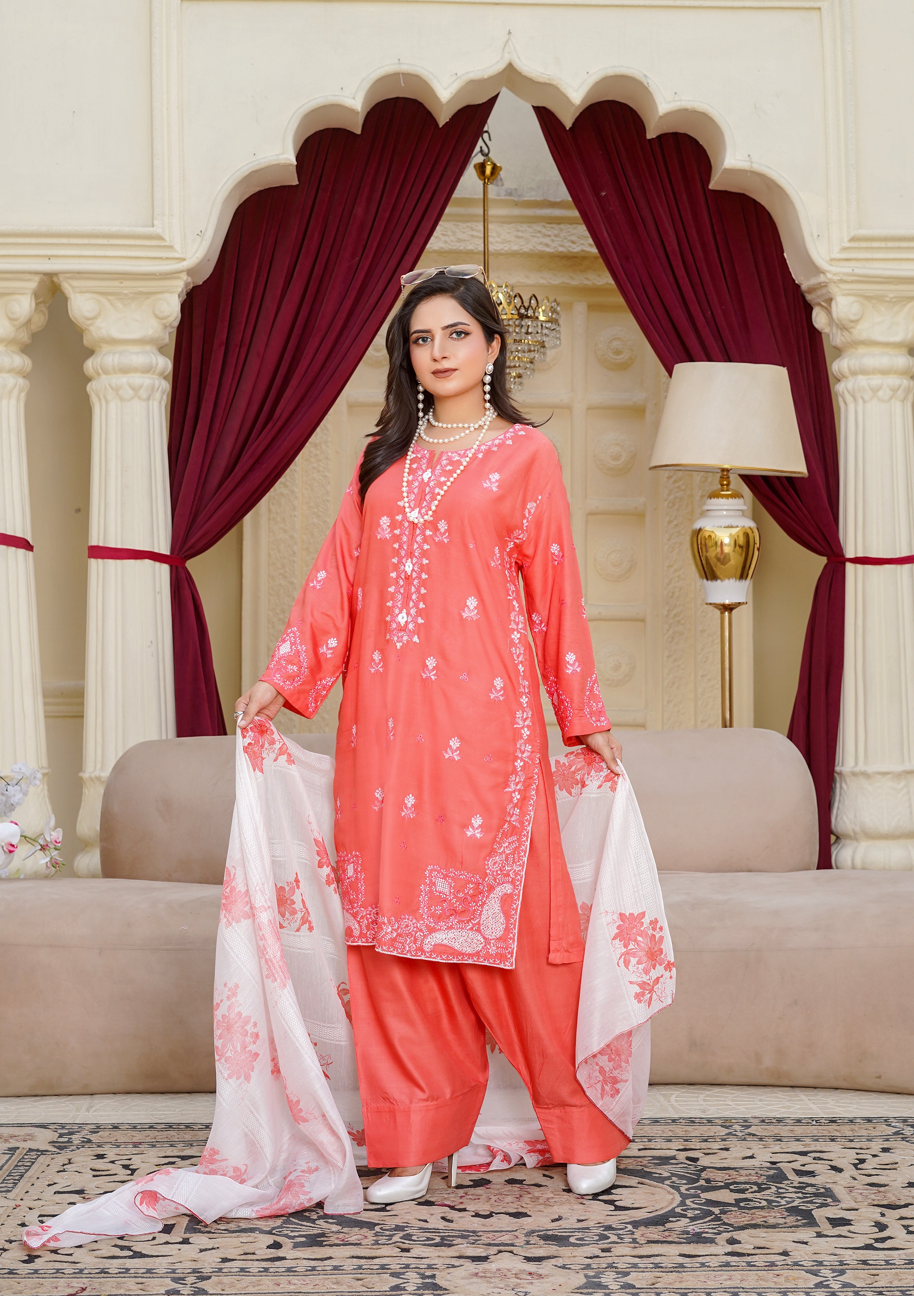 arabic lawn Kurta Set in Salmon pink