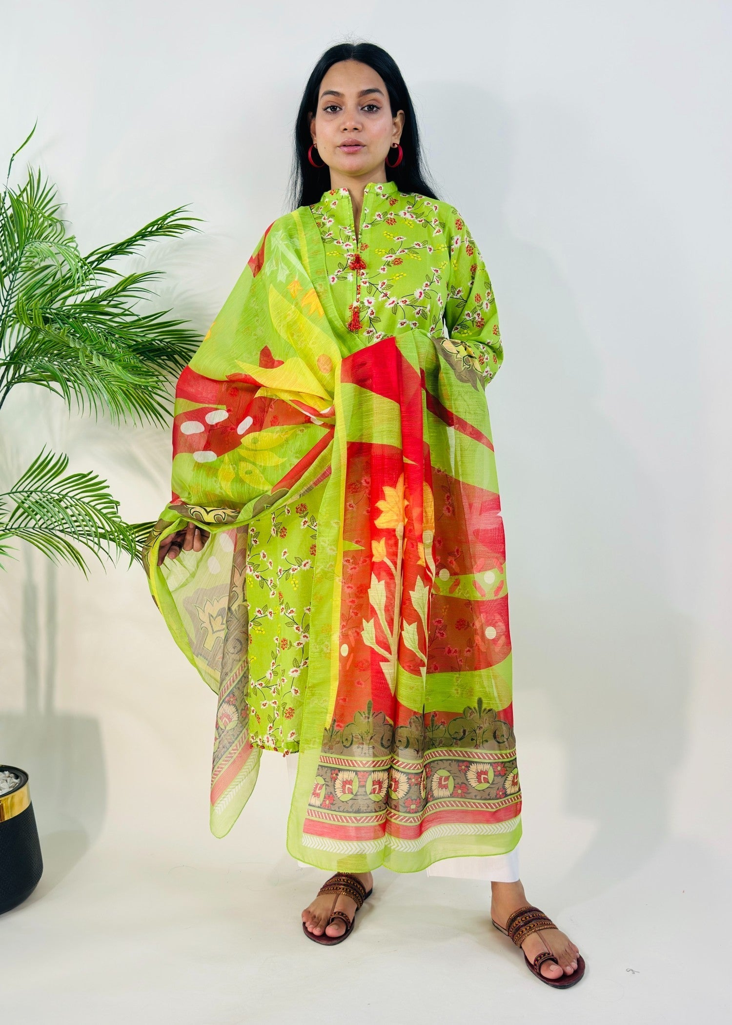 lawn Kurta Set in Lime green