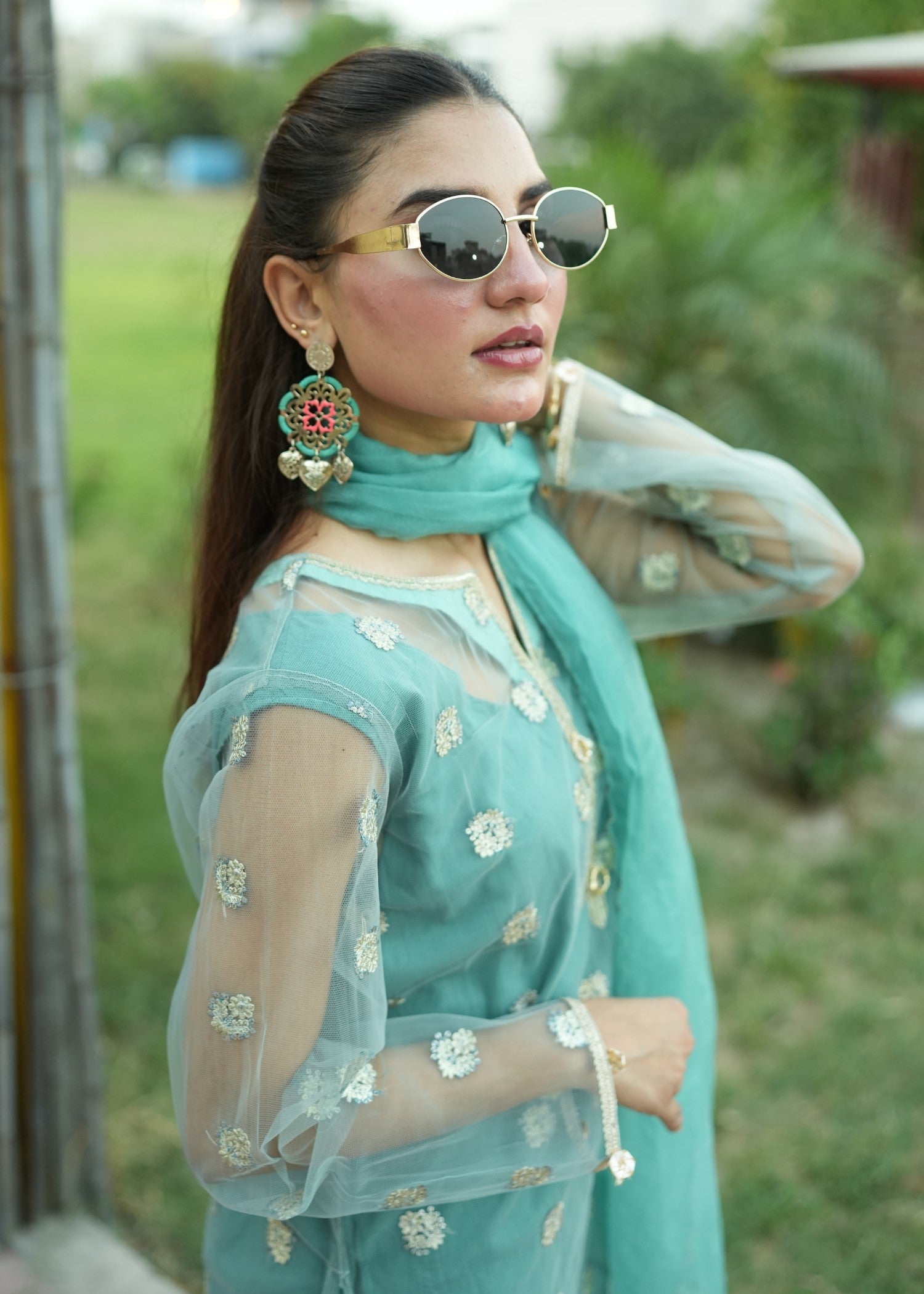 net Sharara in Pastel green