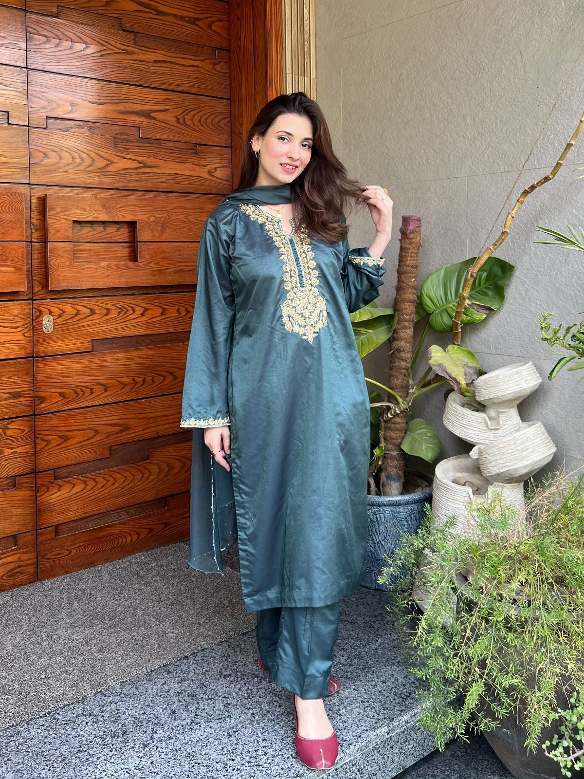 cotton silk Kurta Set in Forest green