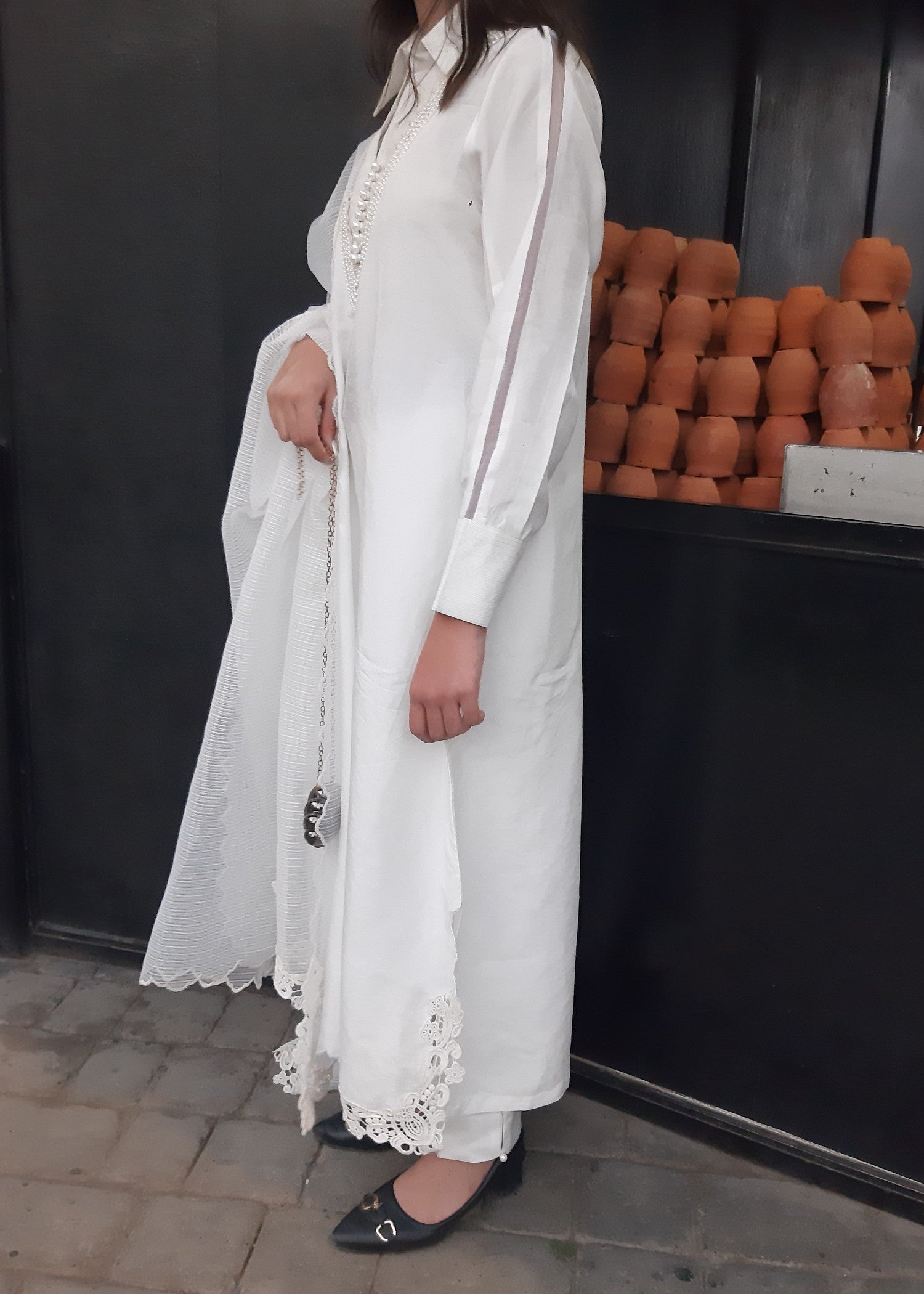 korean raw silk Kurta Set in Ivory