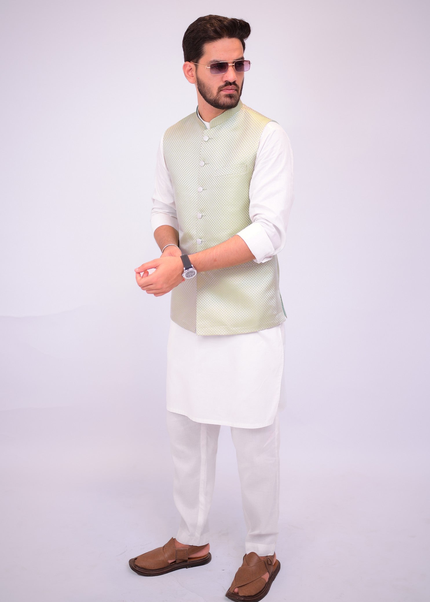 jamawar Waistcoat in Pastel green