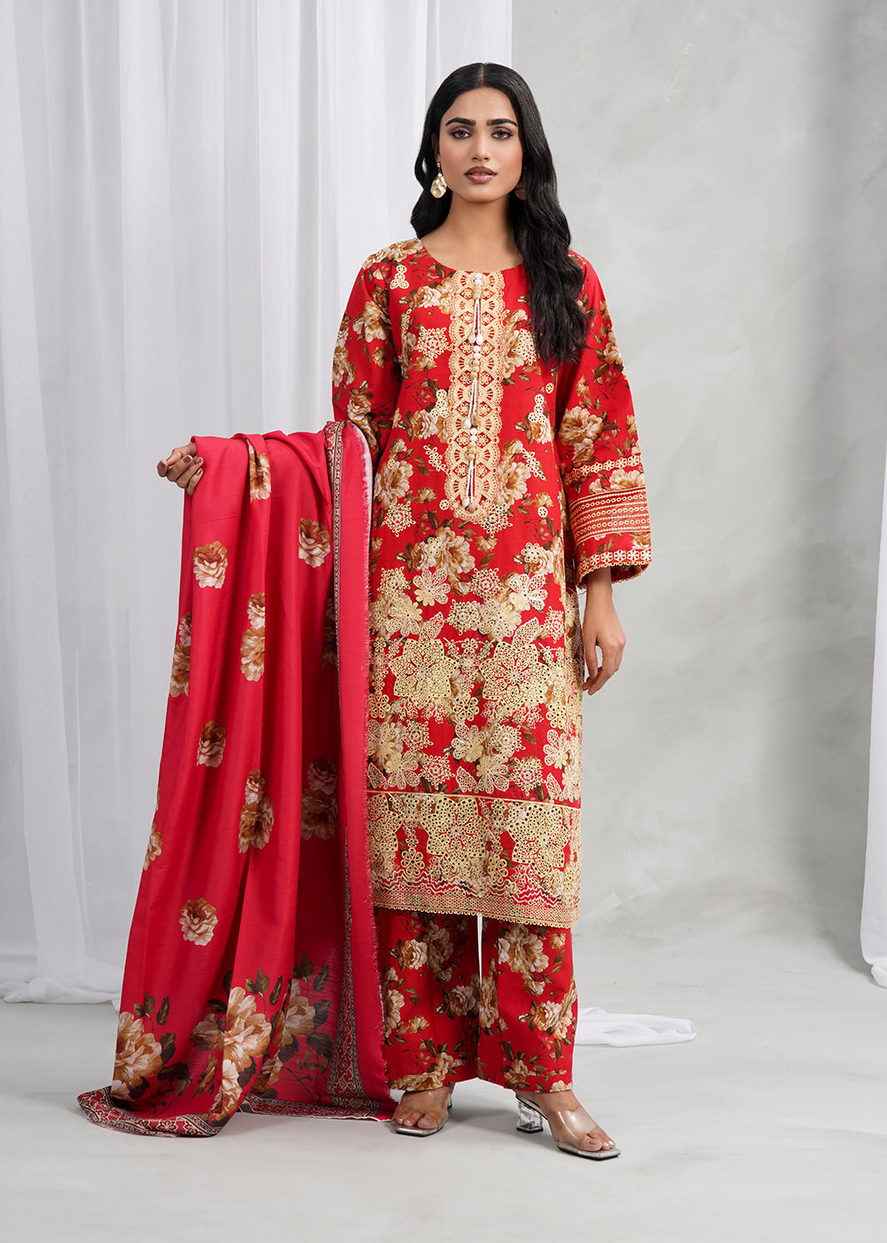 fine khaddar Kurta Set in Red
