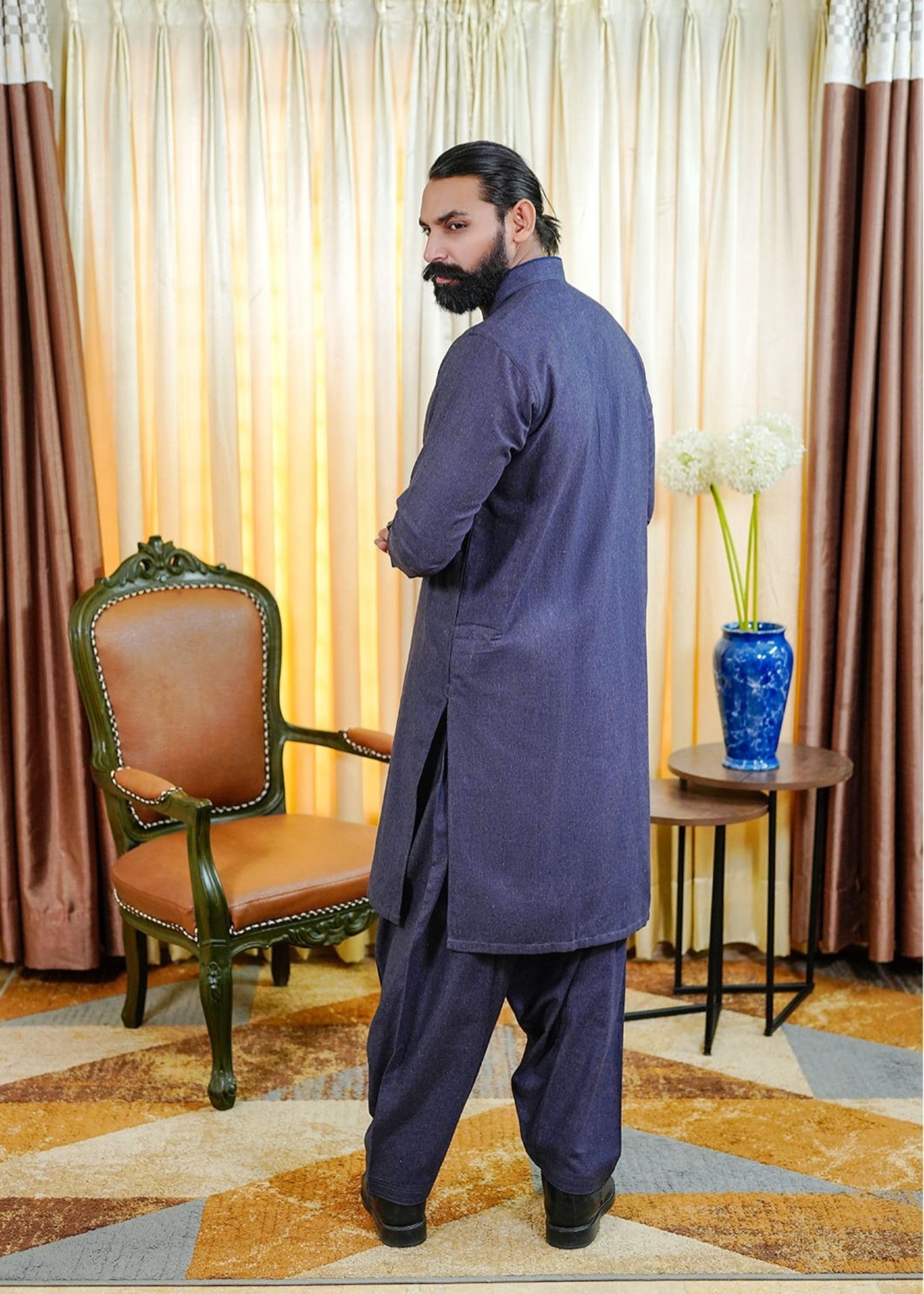 woolen karandi Shalwar Kameez in Navy blue