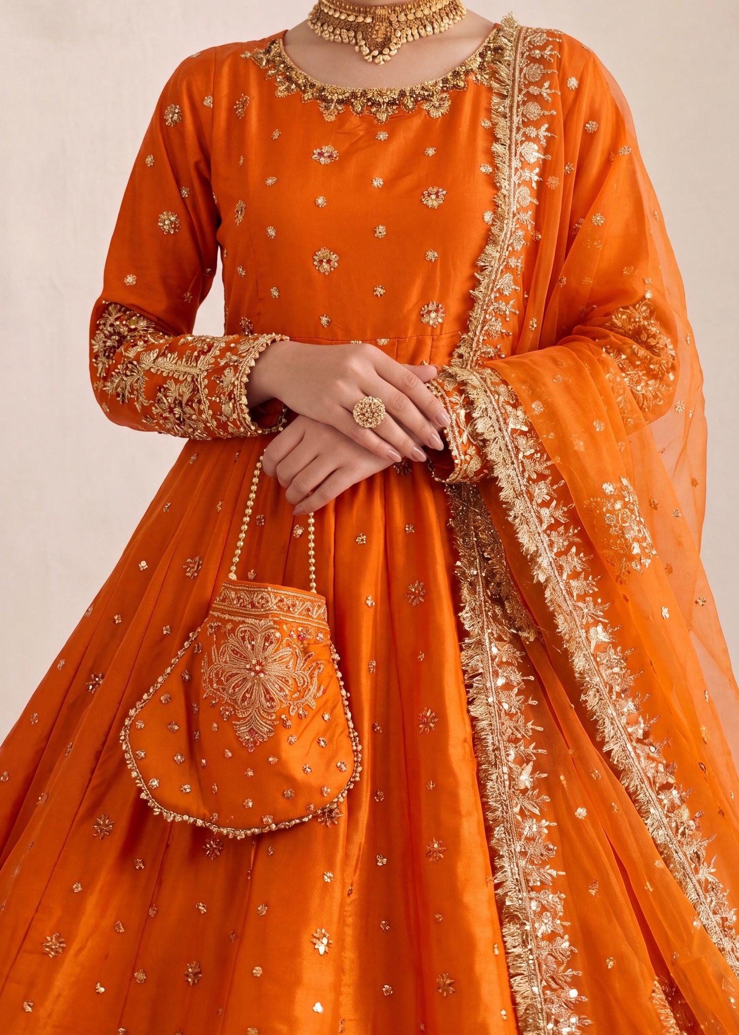 silk Pishwas in Rust orange