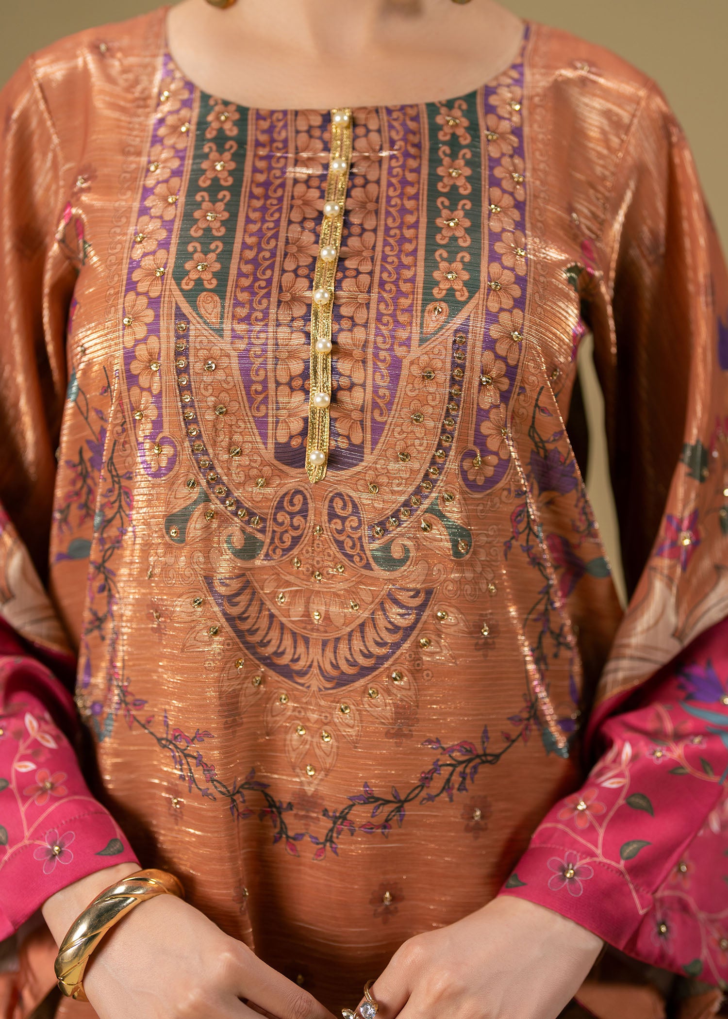 zari net Kurta Set in Rust orange