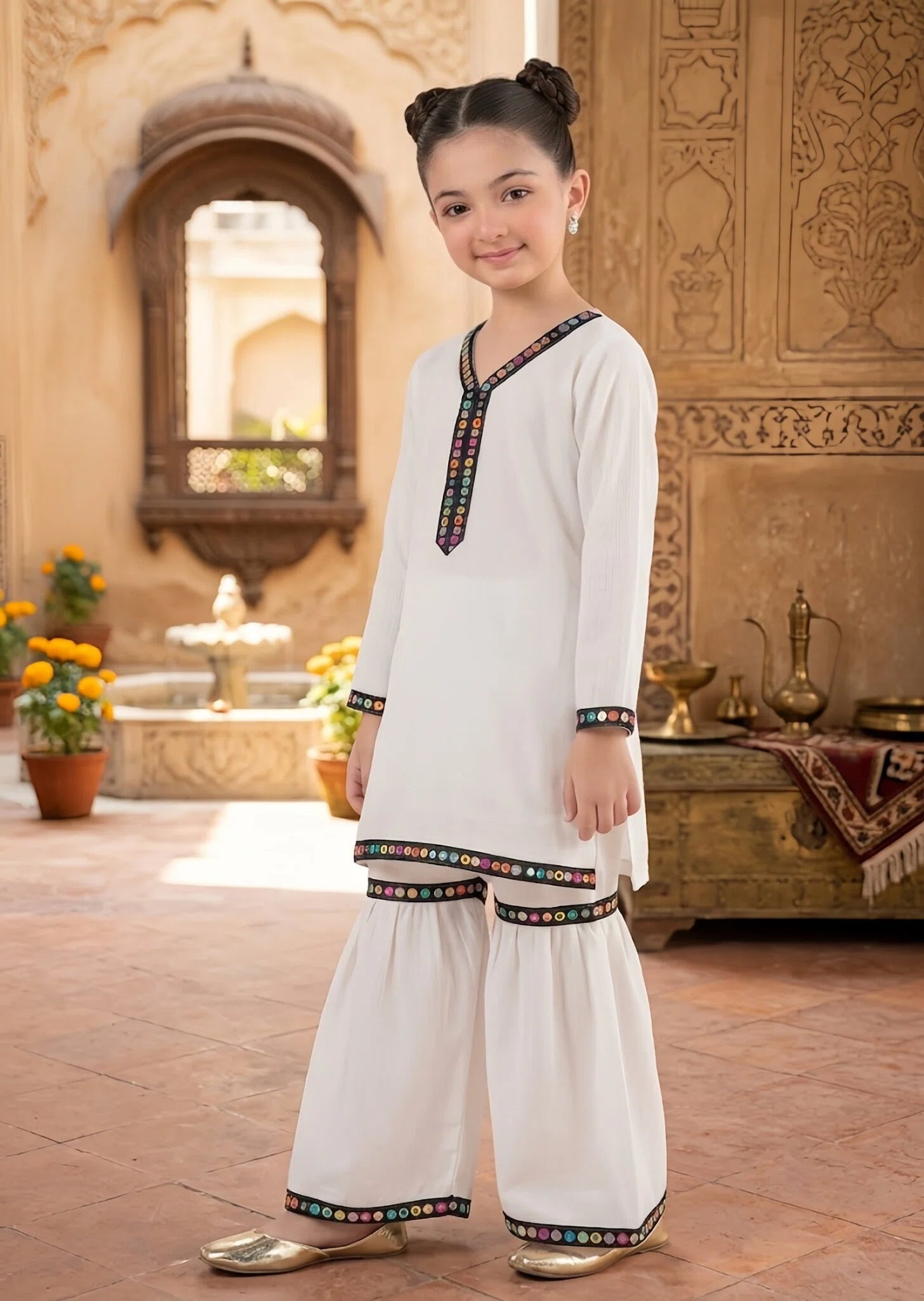 khaddi net Gharara in White