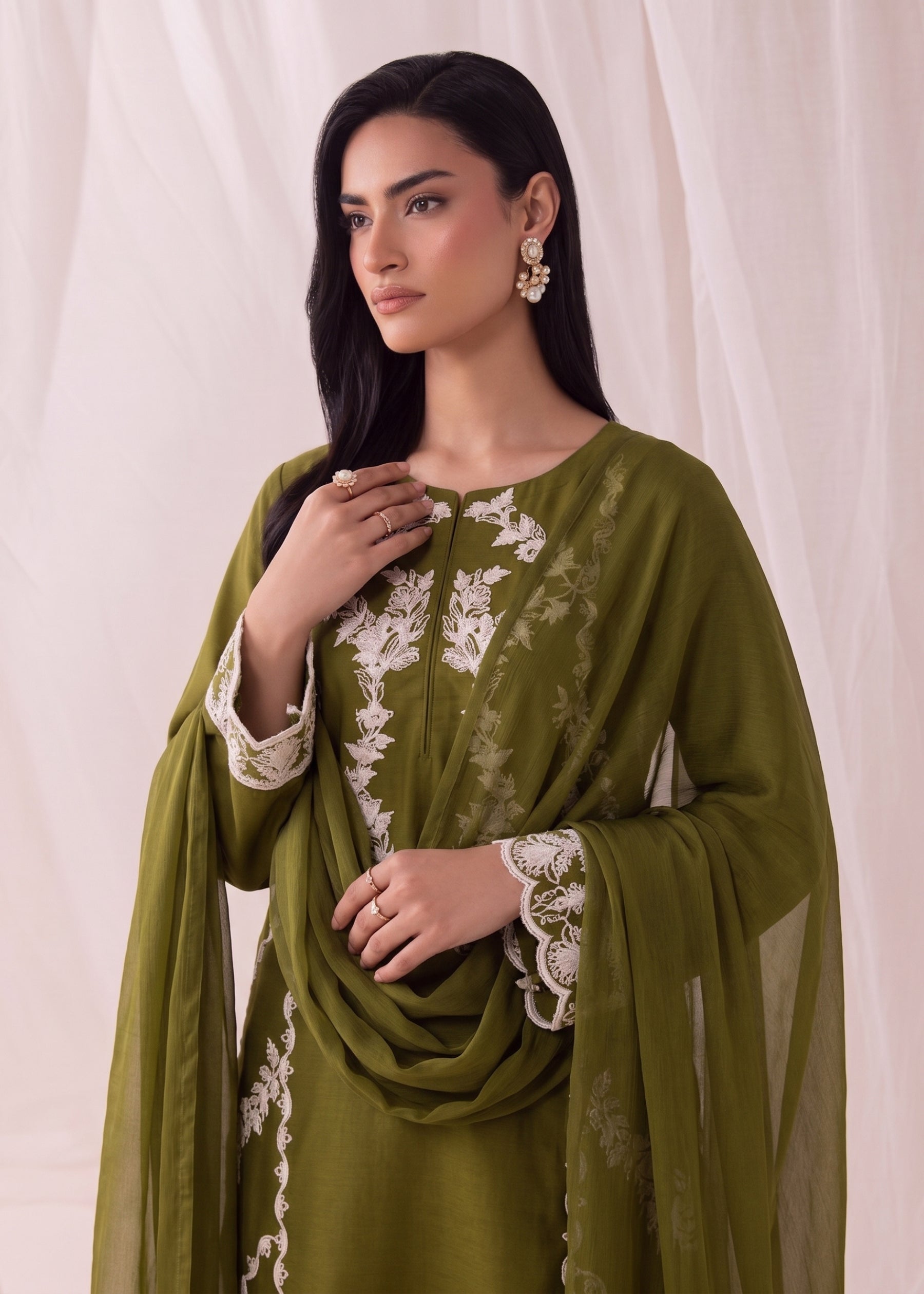 linen Kurta Set in Olive green
