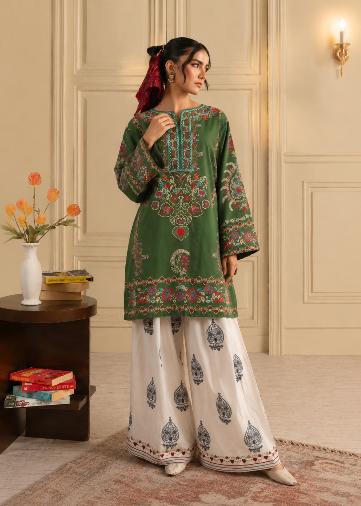 poly lawn Kurta Set in Olive green