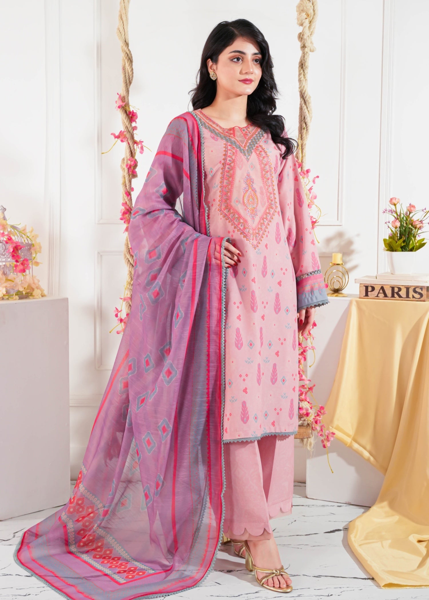slub cambric Kurta Set in Pink