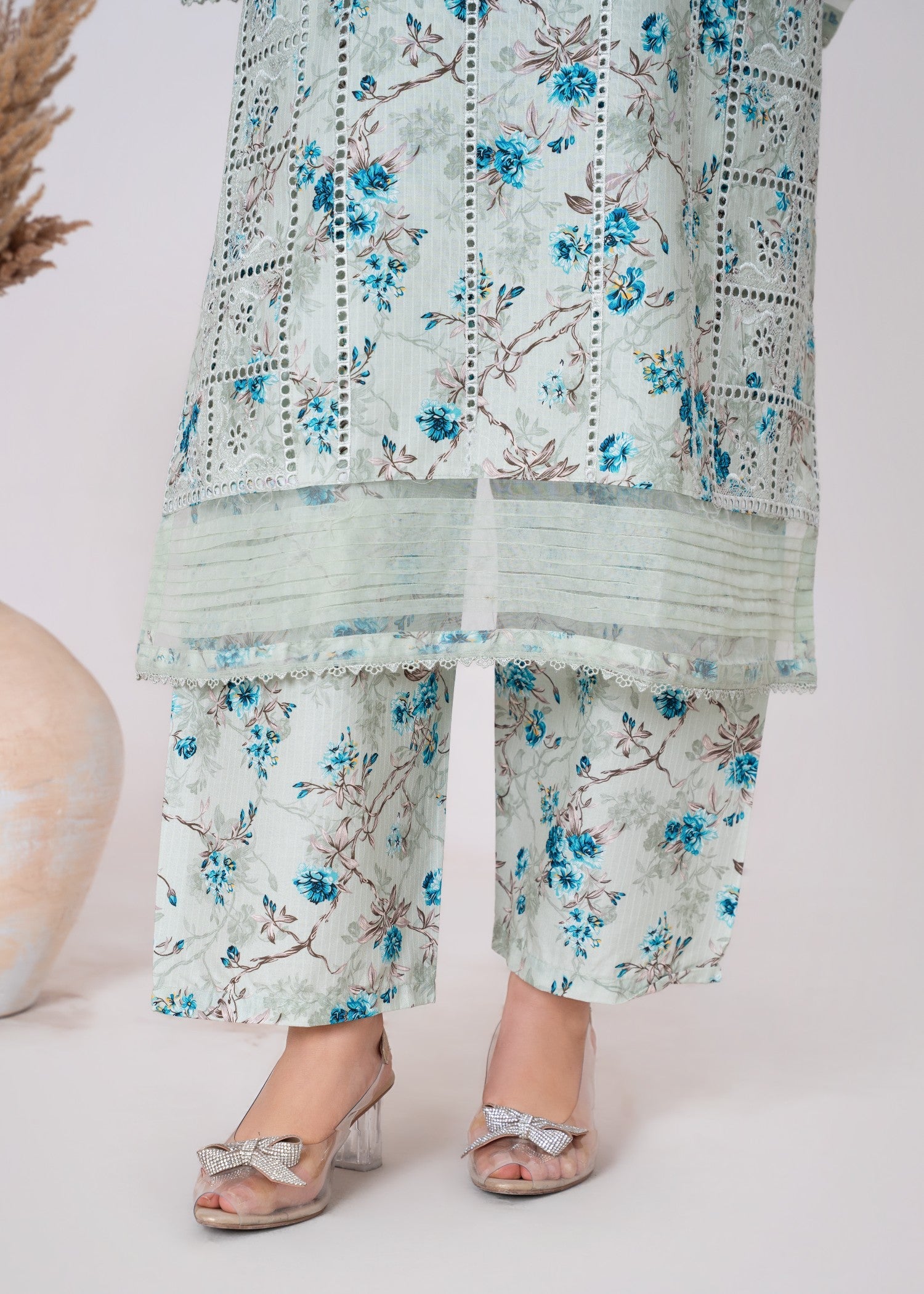 khaddar Kurta Set in White, sky blue
