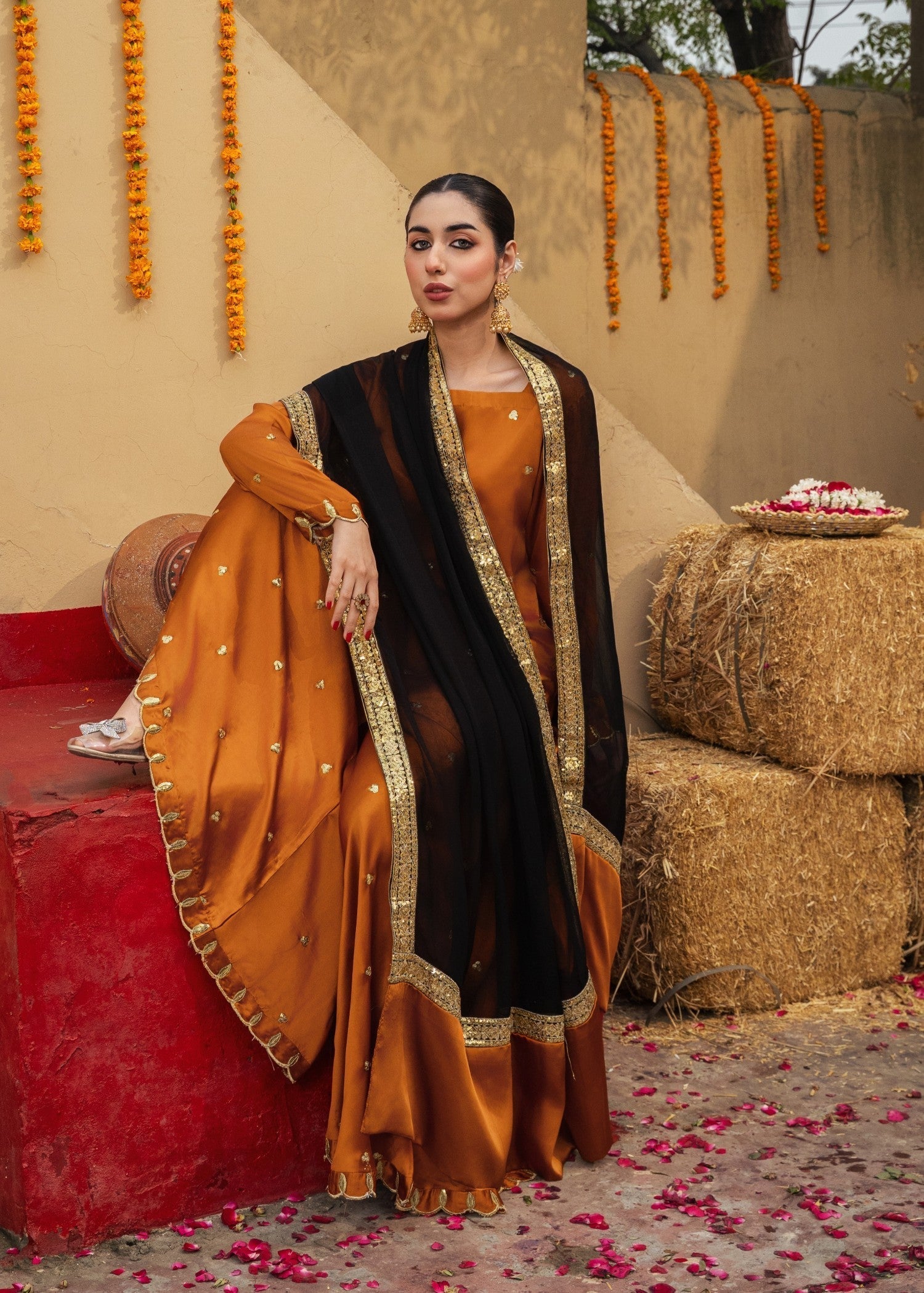 silk Sharara in Burnt orange