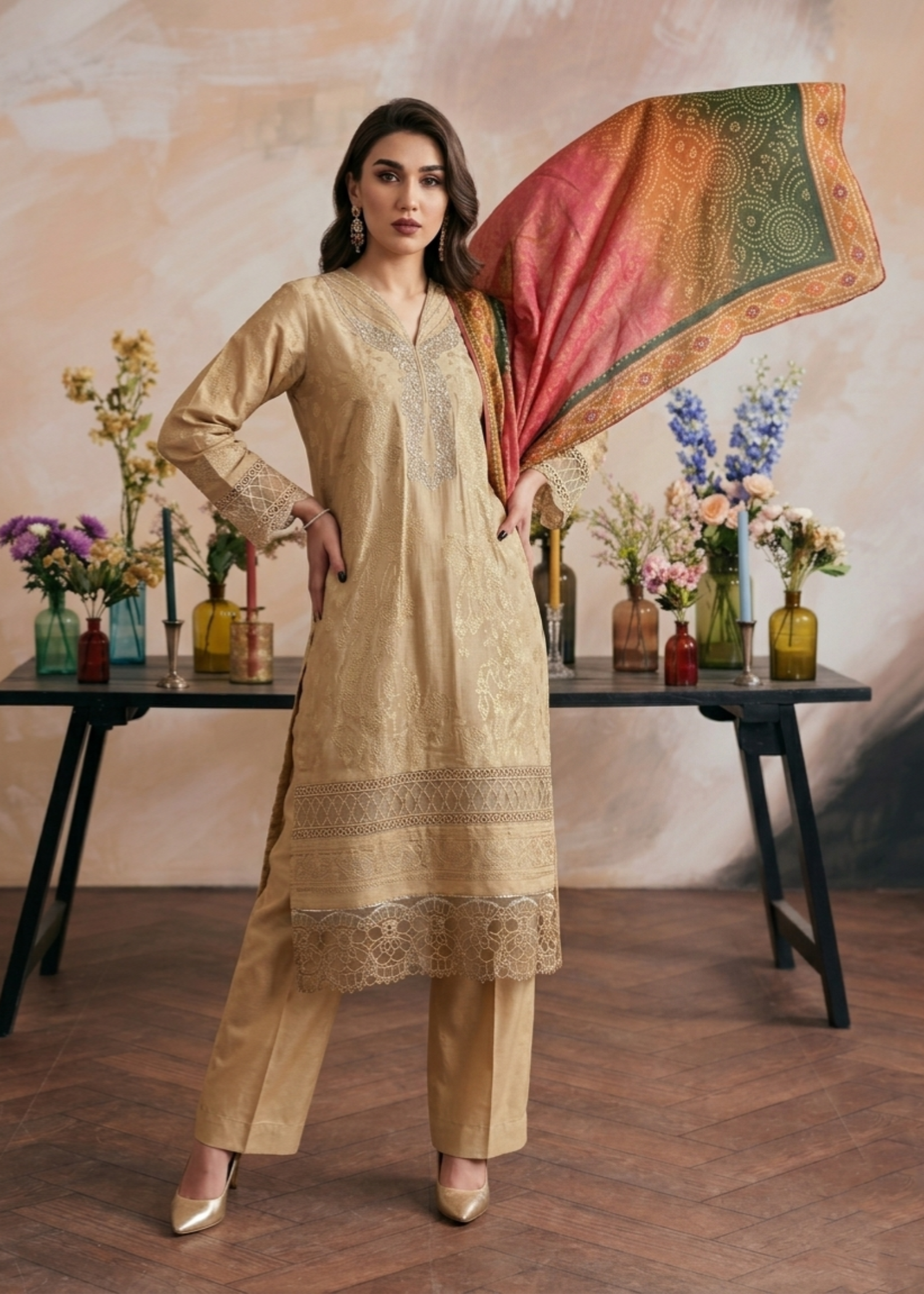 jacquard Kurta Set in Beige