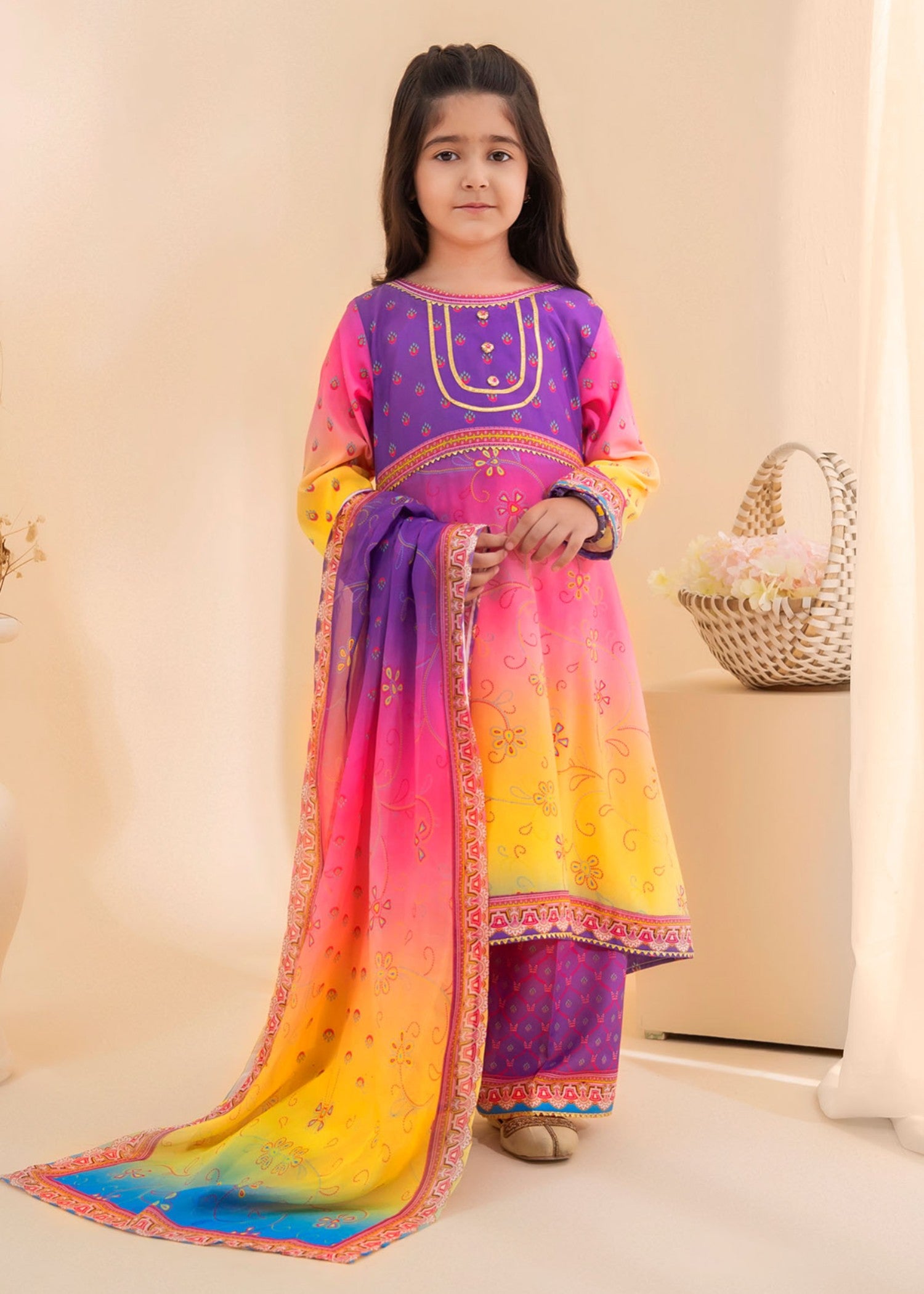 poly lawn Anarkali in Purple, lemon, hot pink red