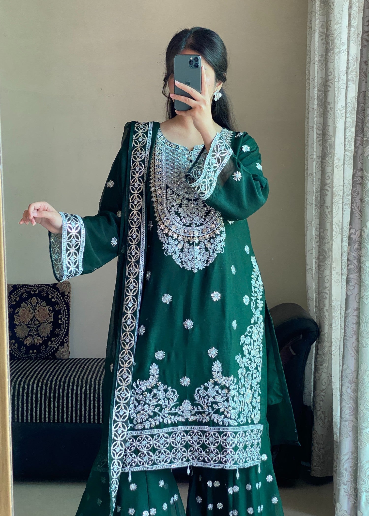 chiffon Gharara in Bottle green