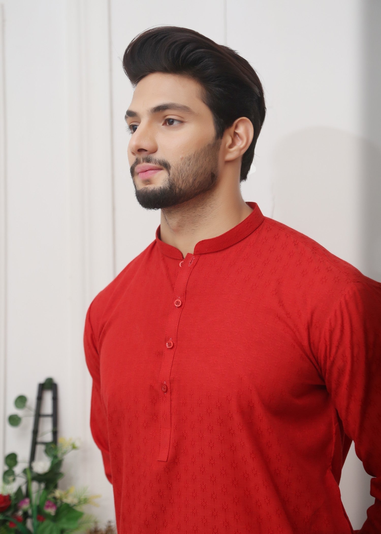 cotton jamawar Kurta in Red