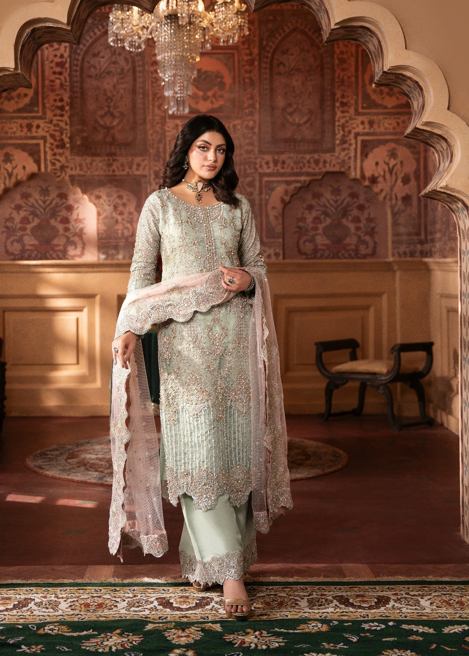 net Kurta Set in Mint green