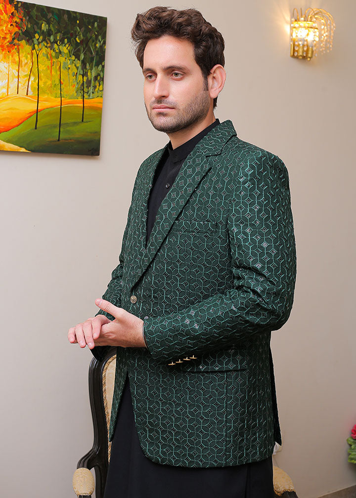 banarsi silk Prince Coat in Dark green
