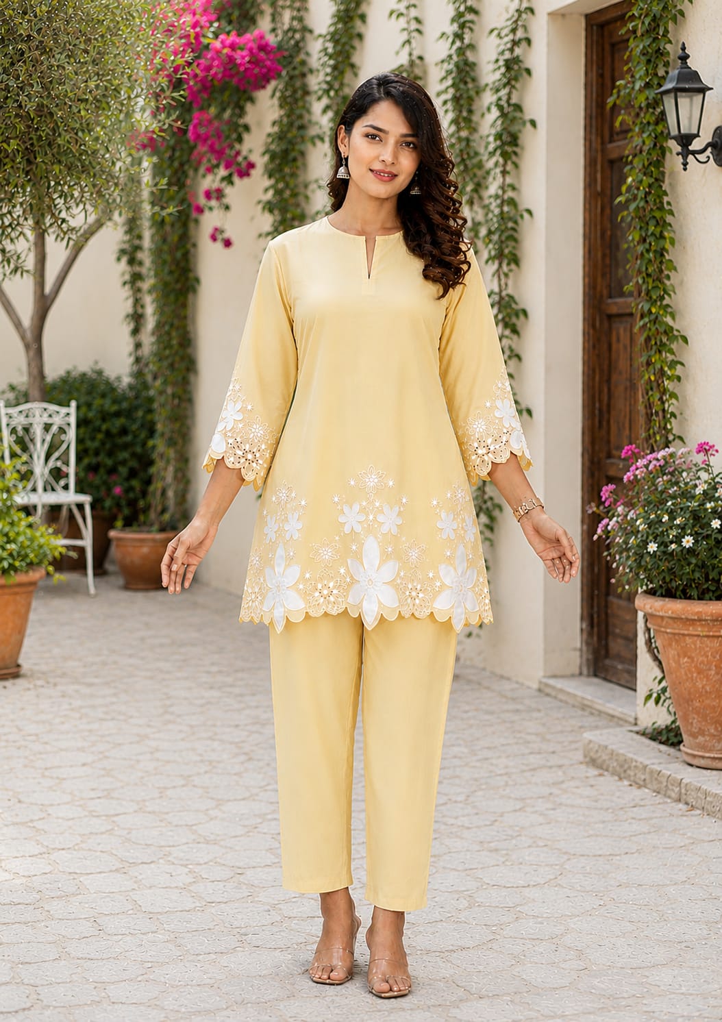 lawn cotton Kurta Set in Lemon