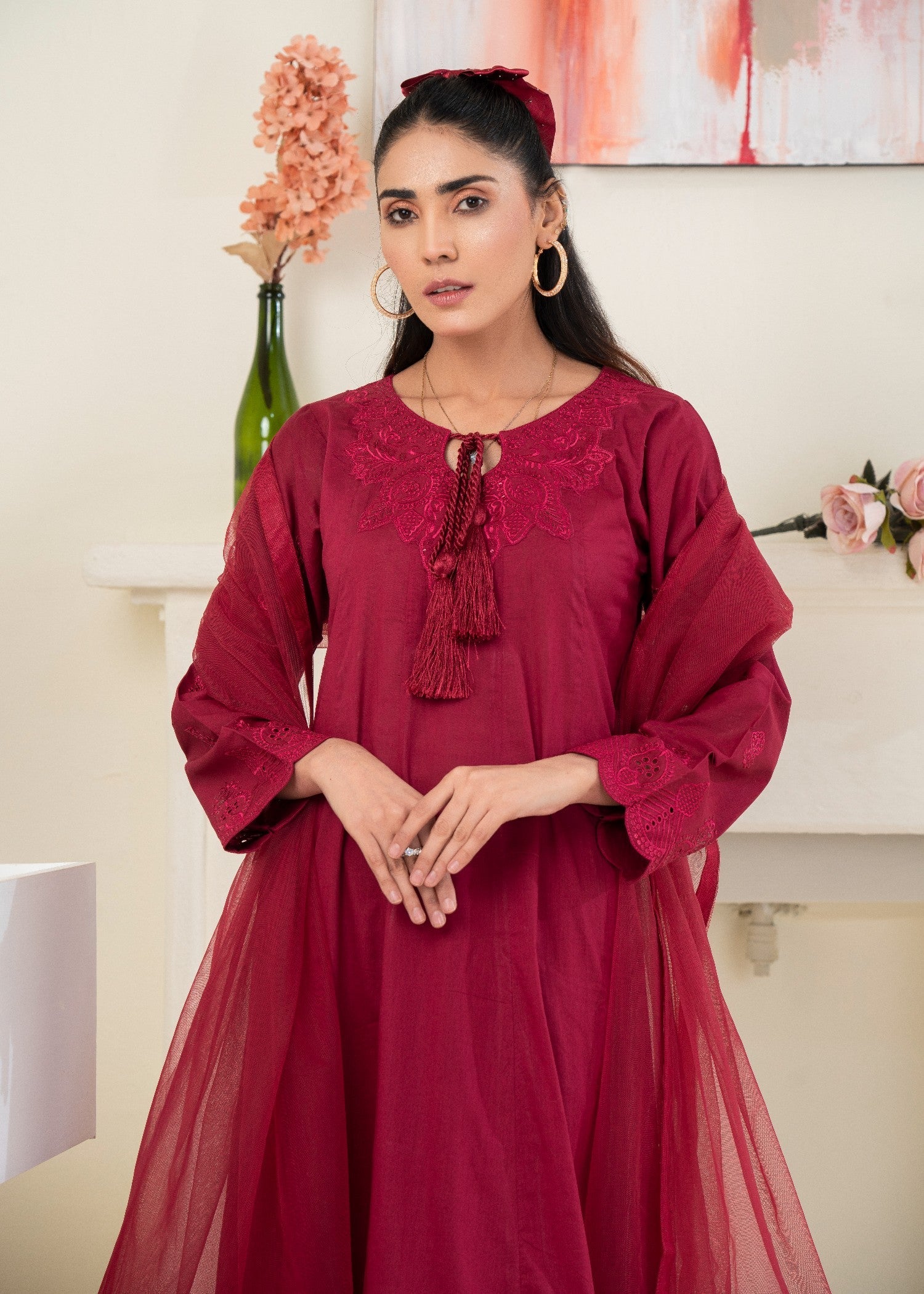 lawn Pishwas in Maroon