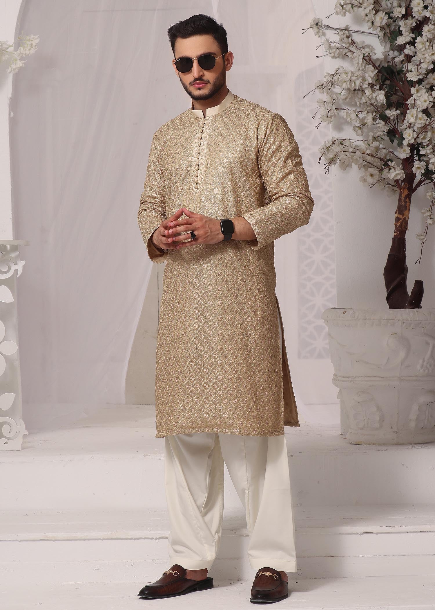 jamawar Shalwar Kameez in Gold