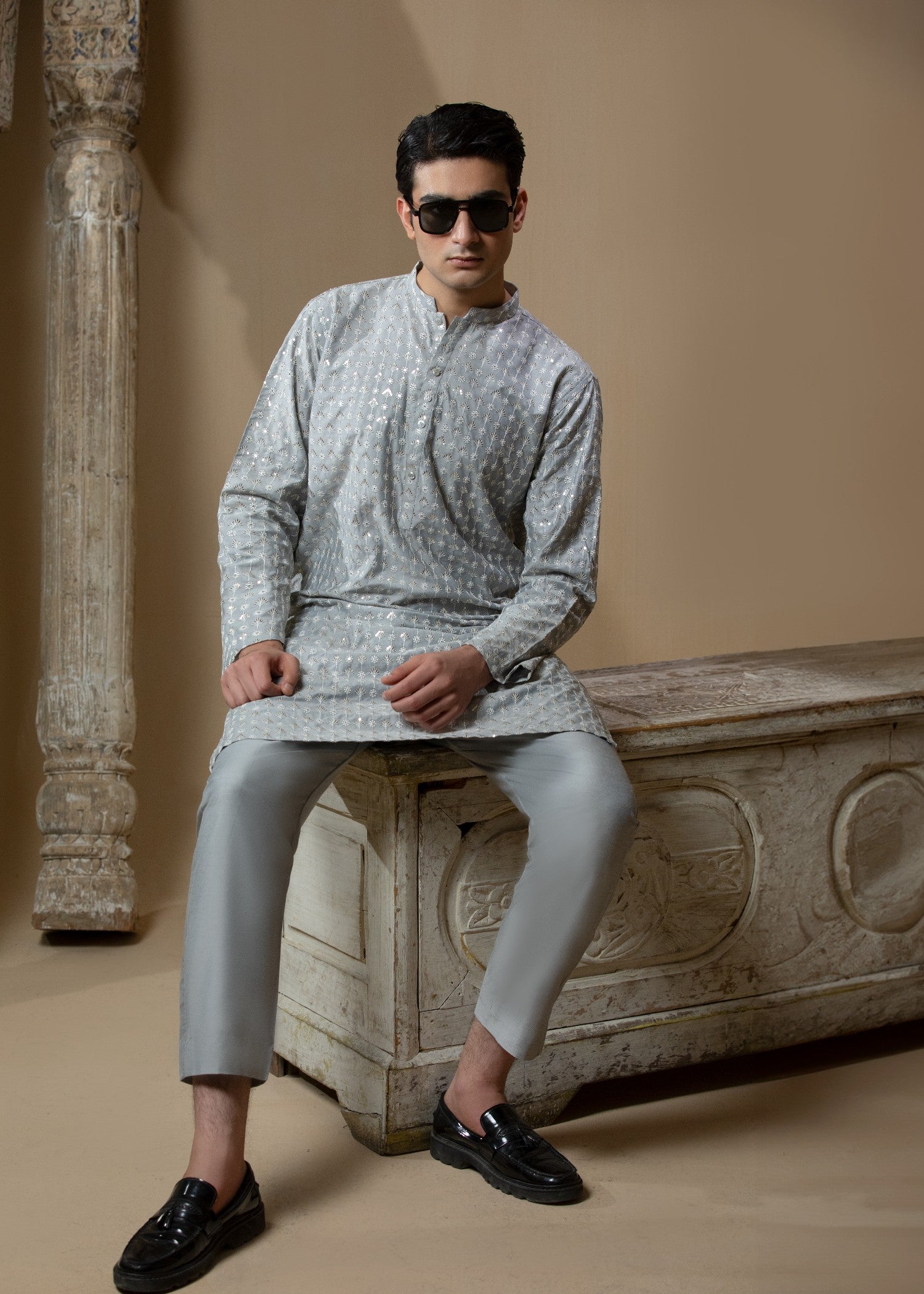 cotton silk Kurta Set in Ash grey