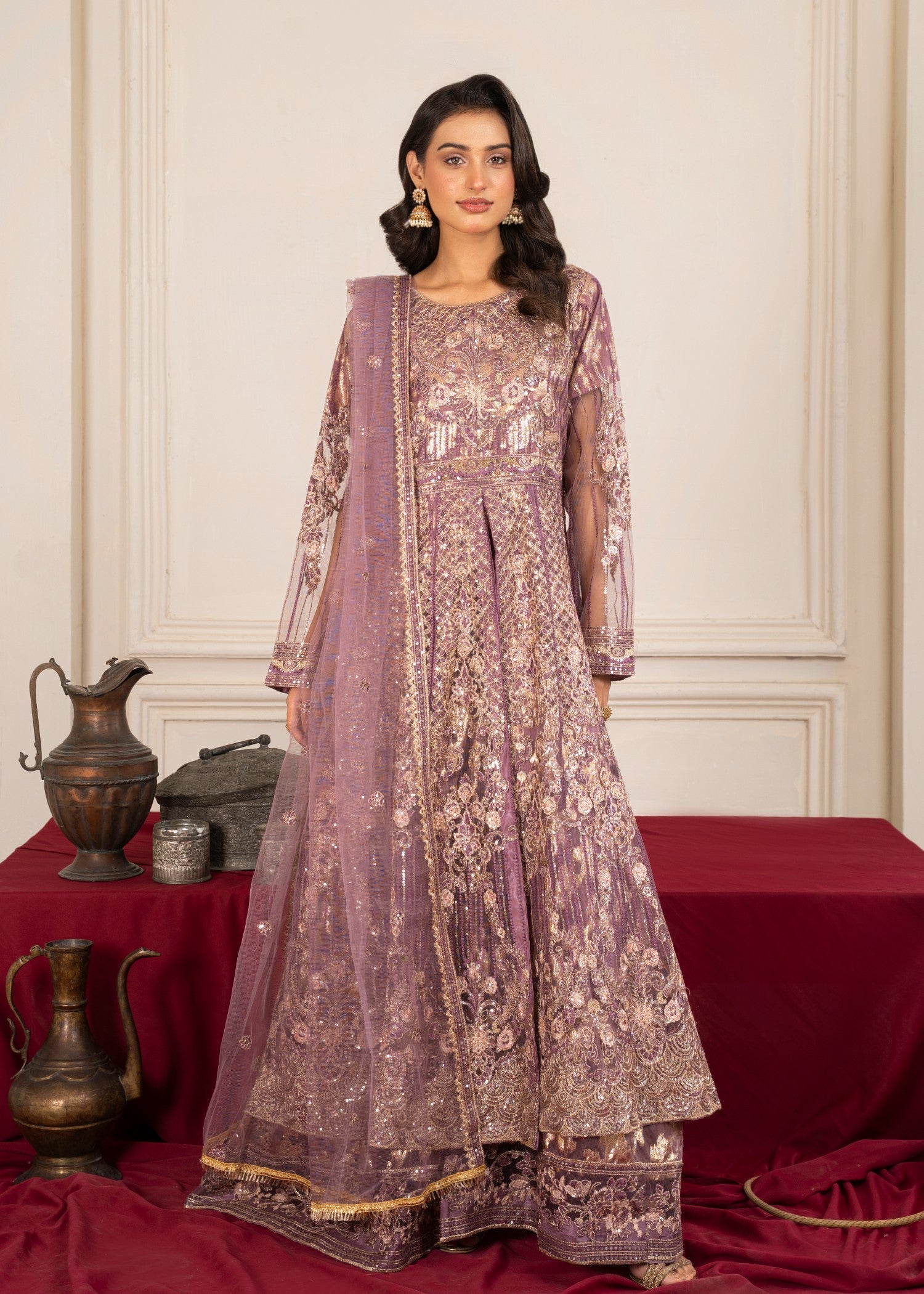 organza zari jacquard Pishwas in Lilac