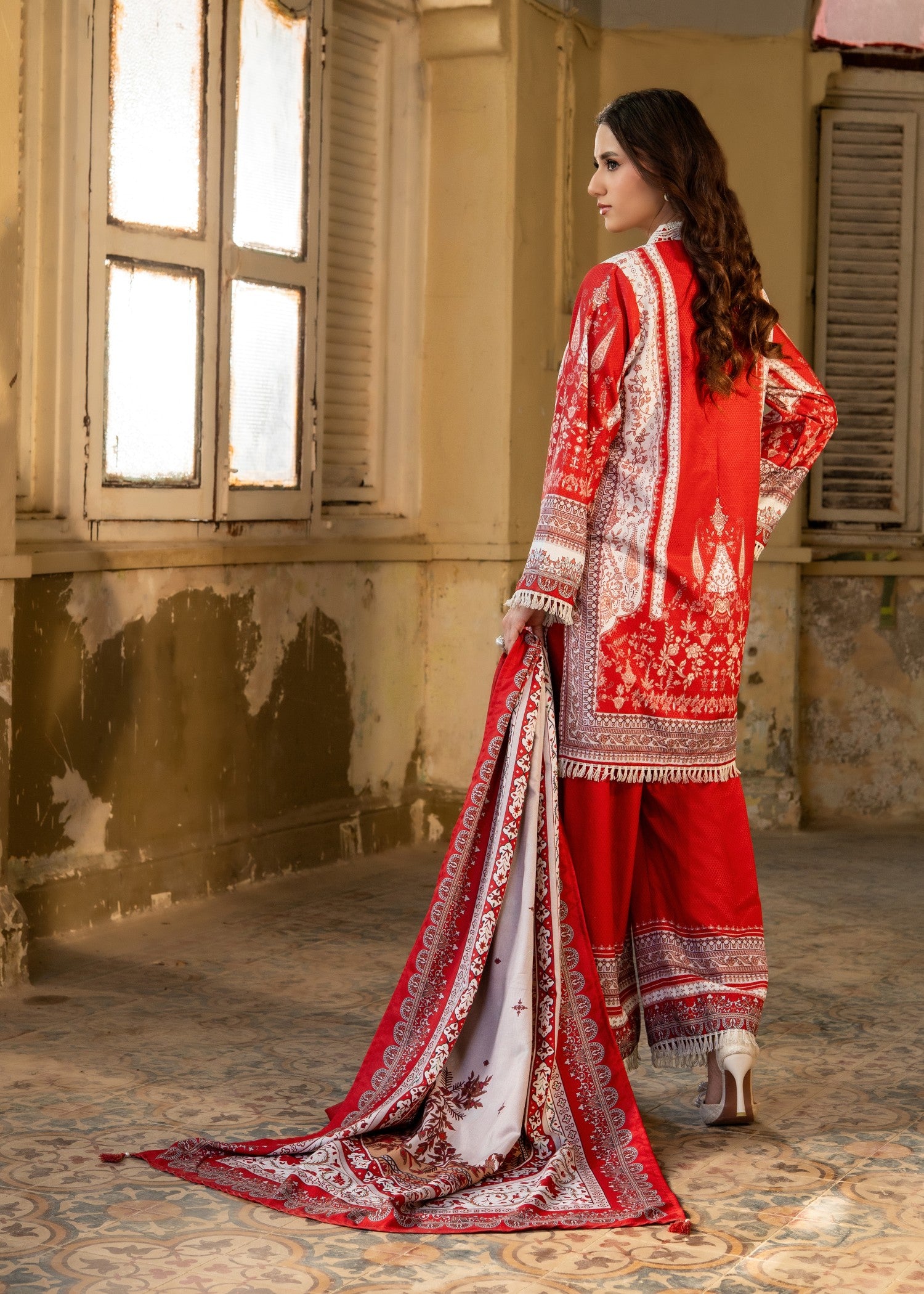 herringbone Kurta Set in Red