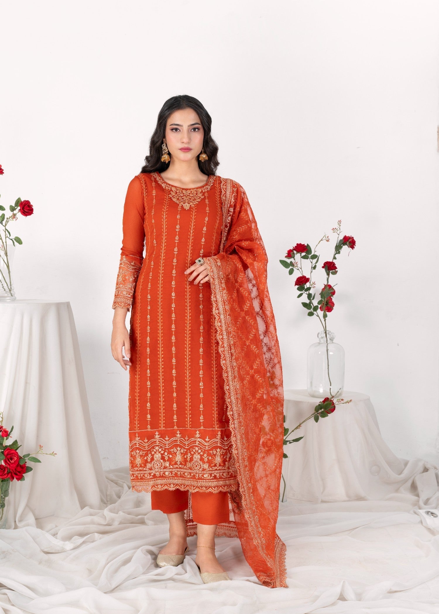bemberg crinkle chiffon Kurta Set in Copper orange