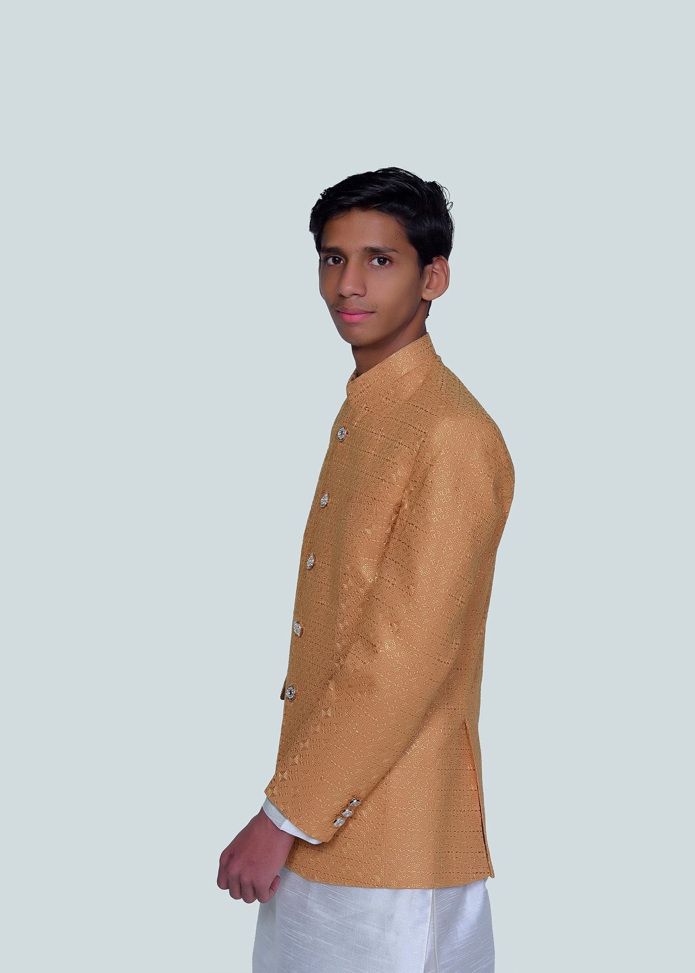 chikankari cotton Prince Coat in Mustard