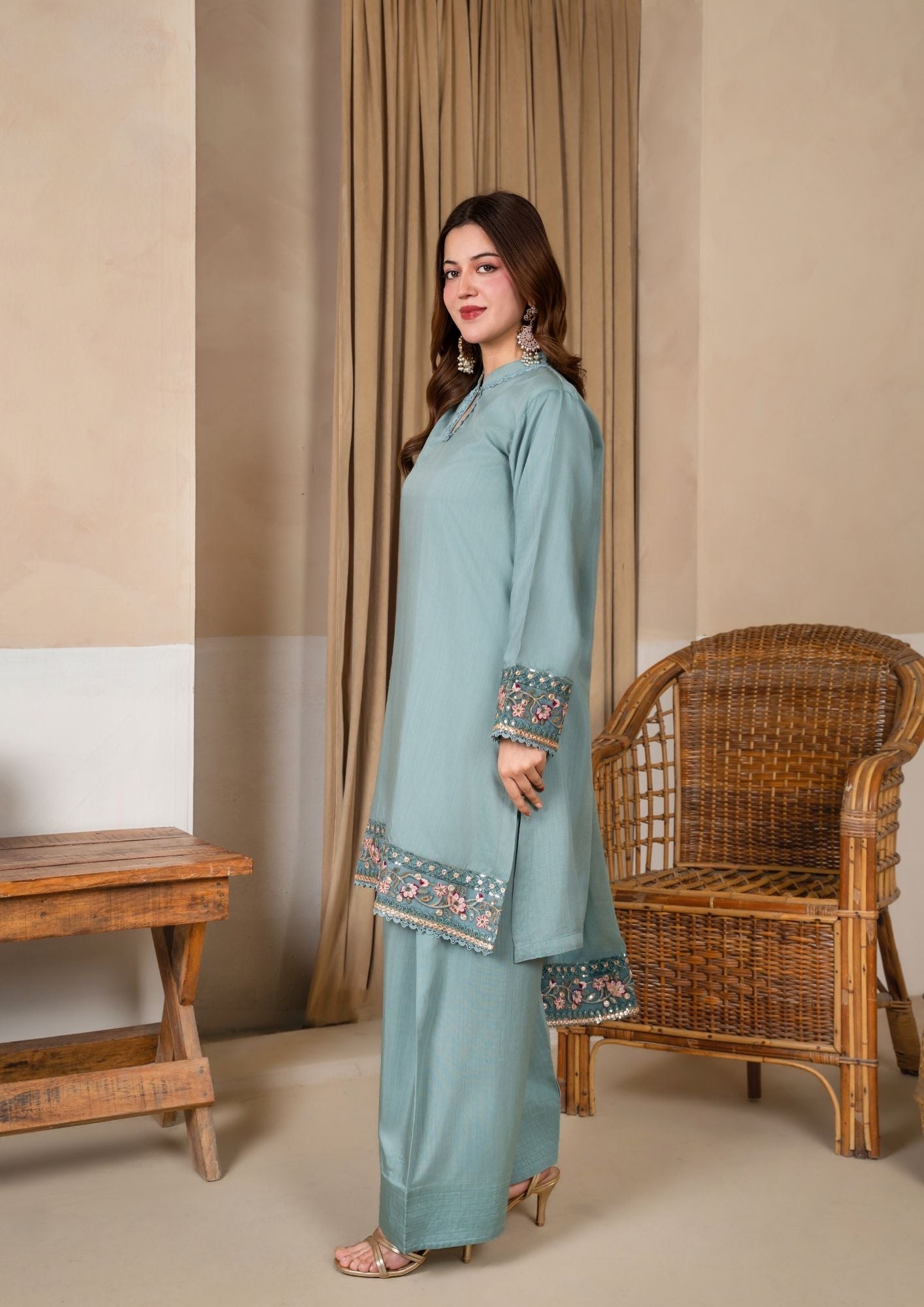viscose raw silk Kurta Set in Duck egg grey