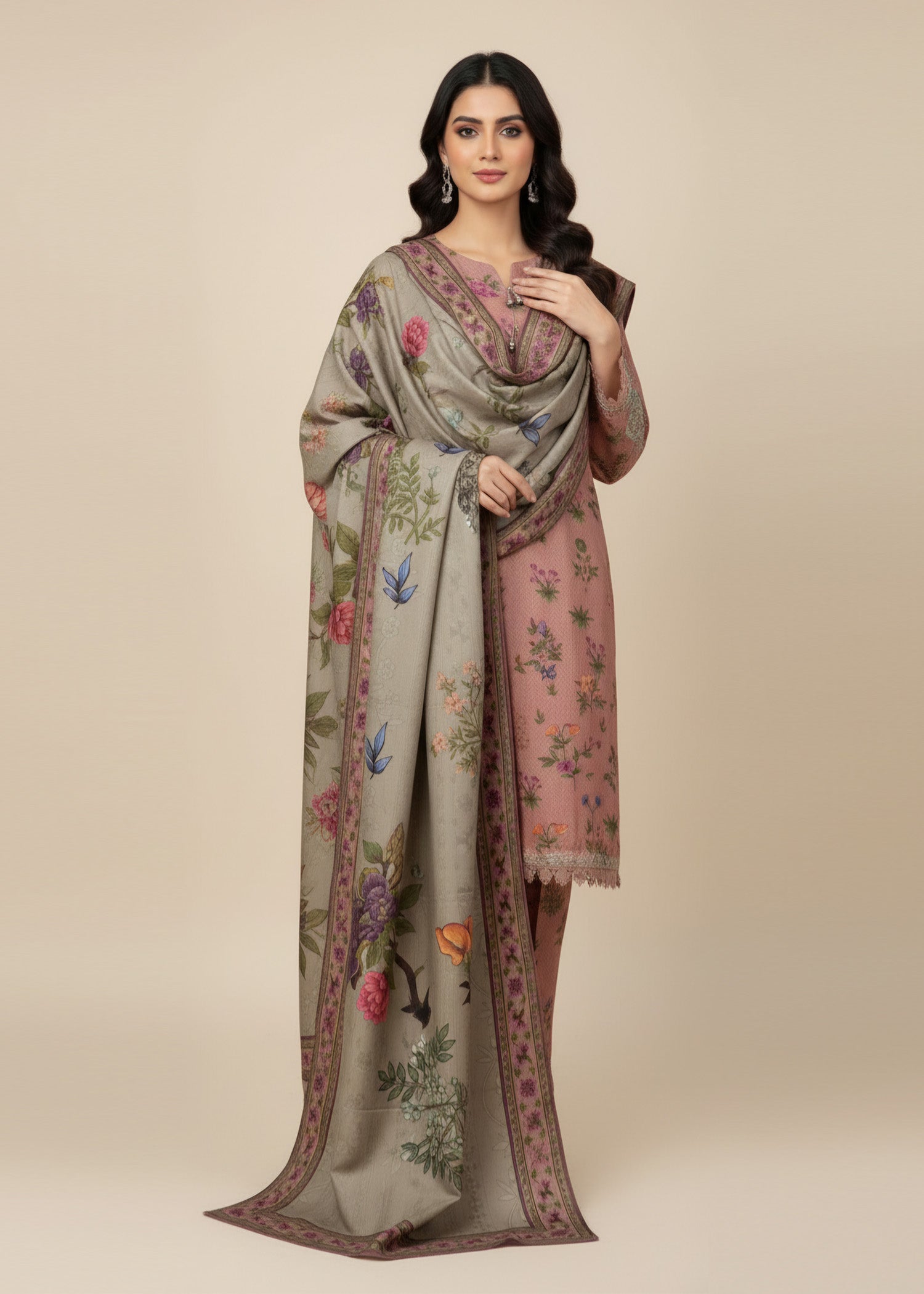 khaddar Kurta Set in Pink sherbert