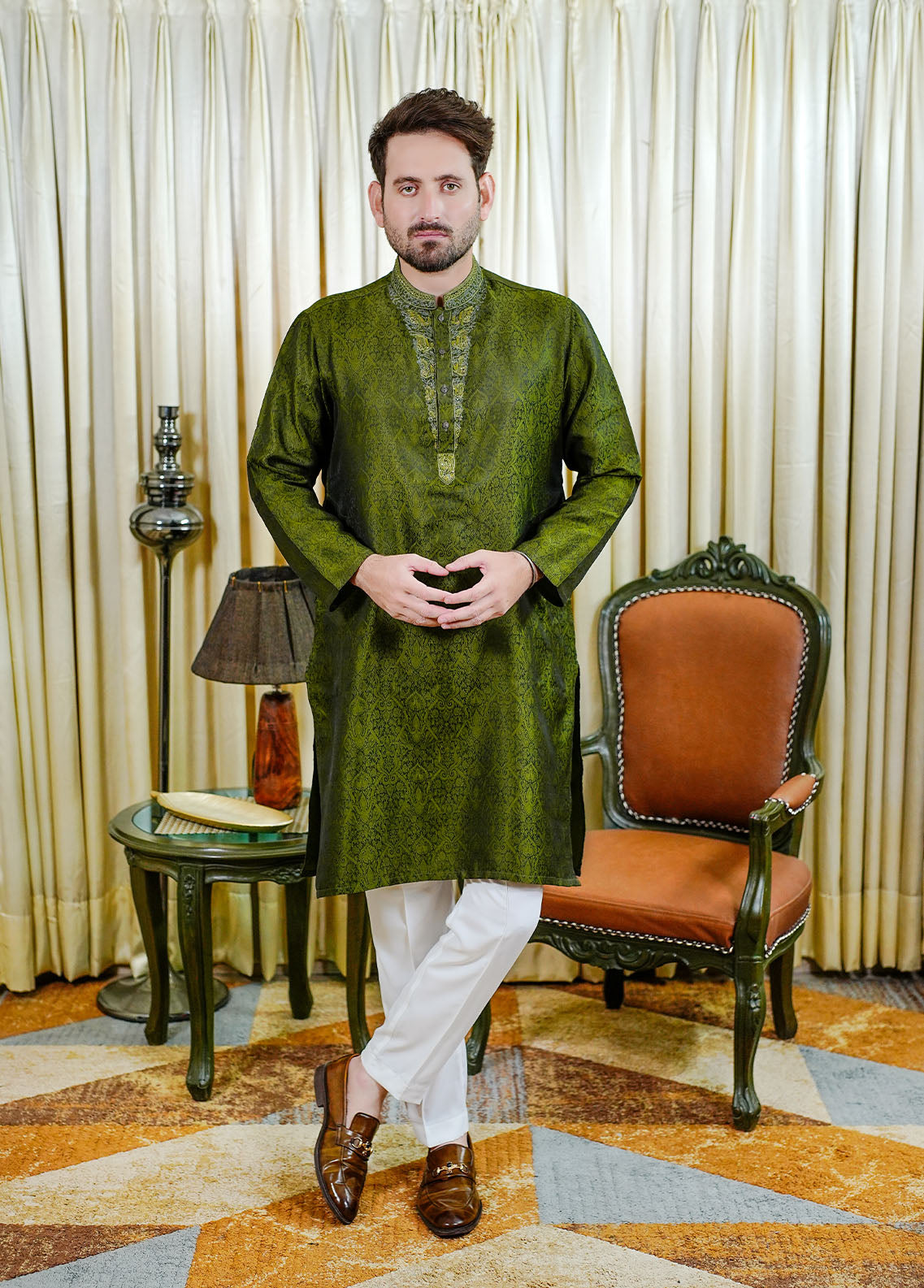 traditional jamawar Kurta in Green