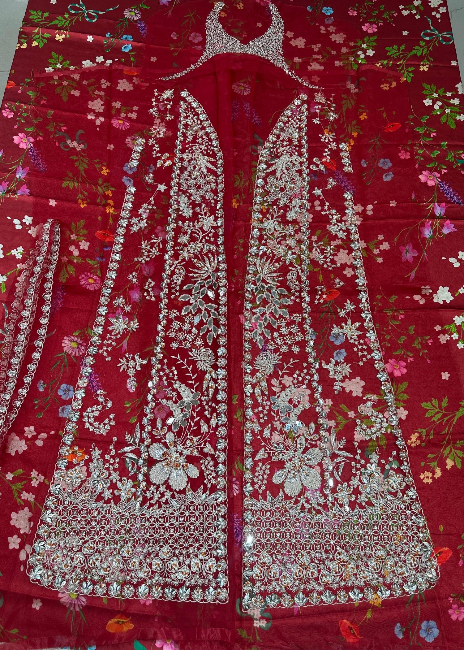 organza Unstitched in Blood red, maroon