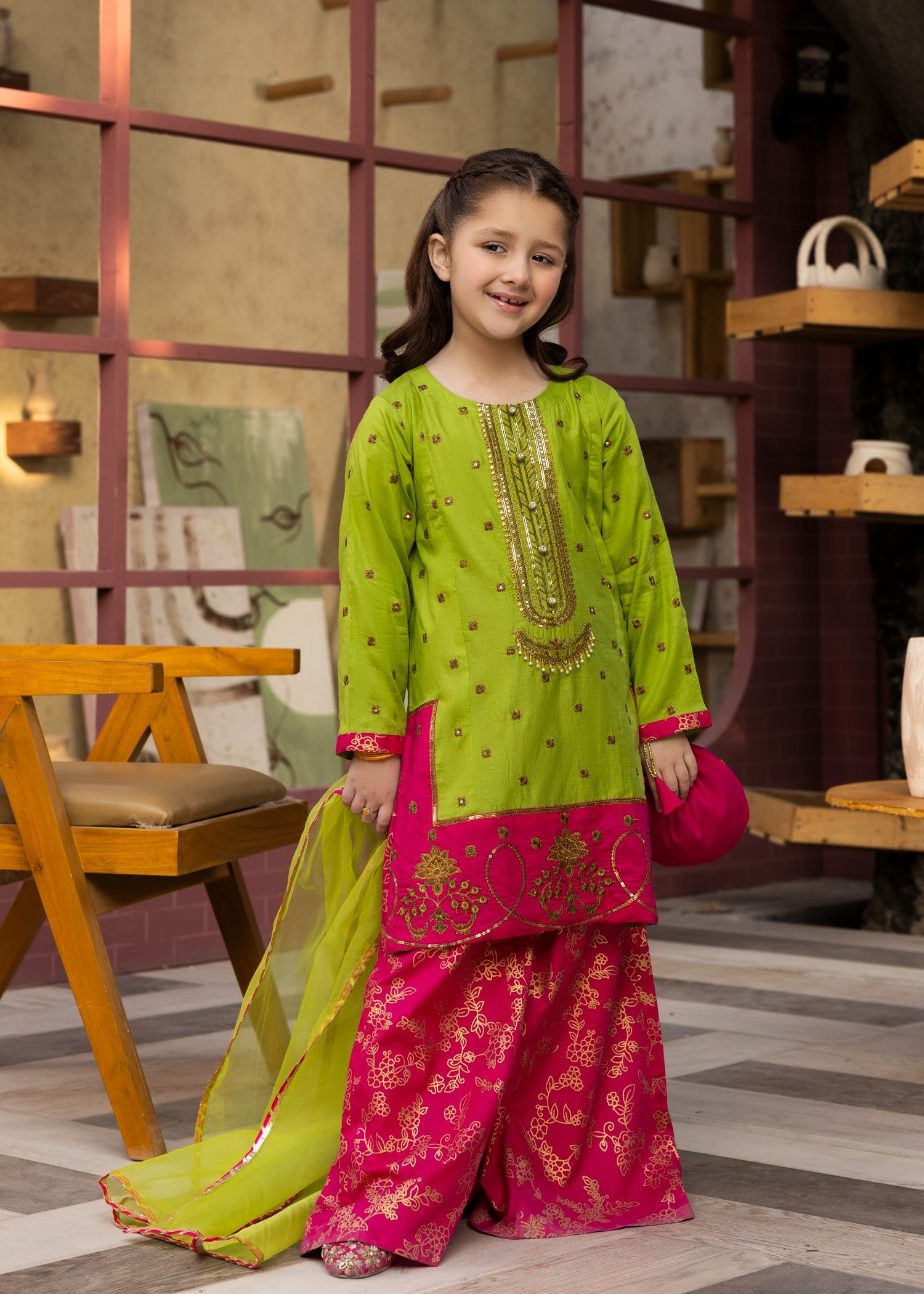 lawn cotton Sharara in Apple green