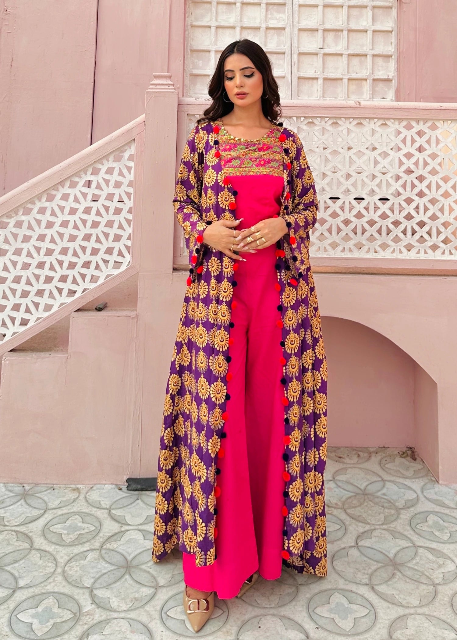 lawn Gown in Shocking pink, royal lilac