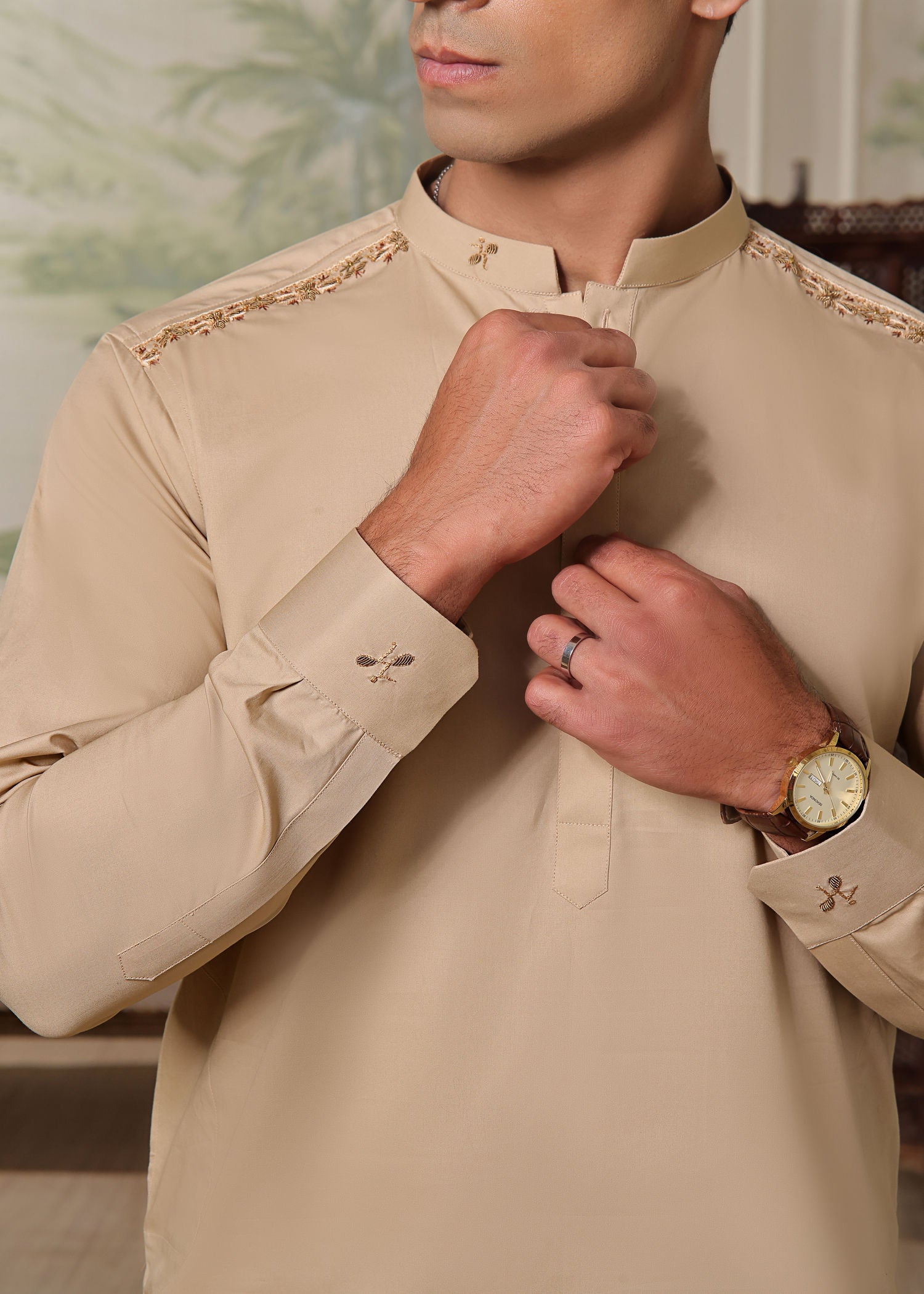 cotton satin Kurta Set in Gold