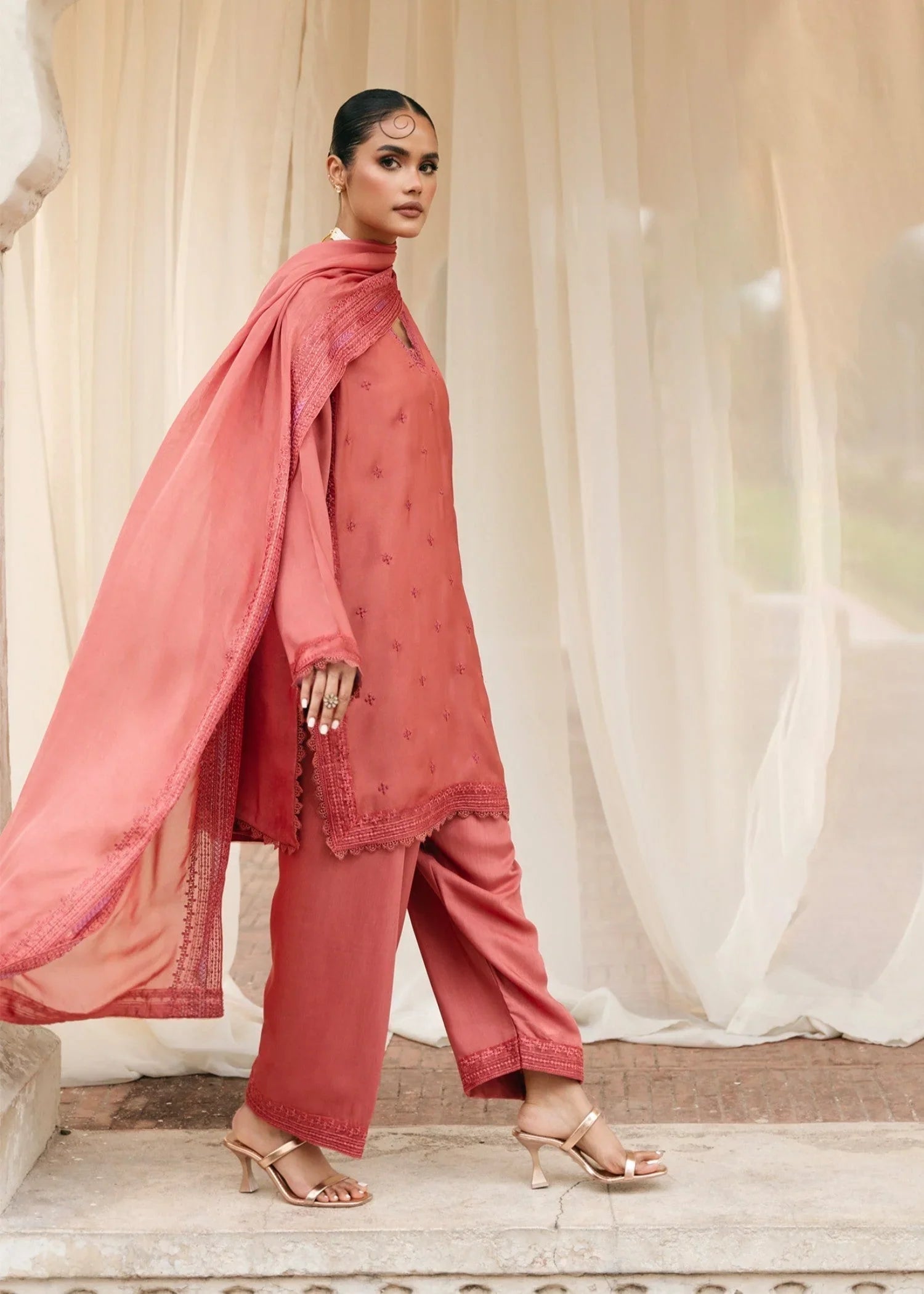 raw silk Kurta Set in Coral pink