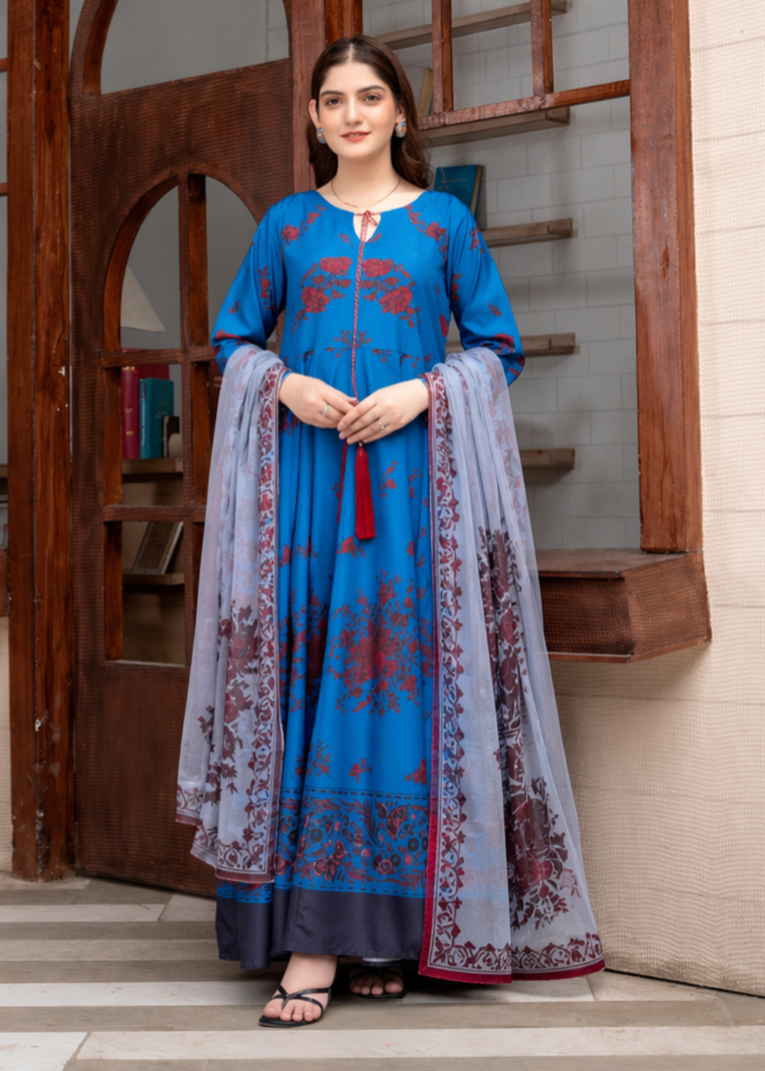 poly lawn Anarkali in Navy blue, pastel grey, burnt red