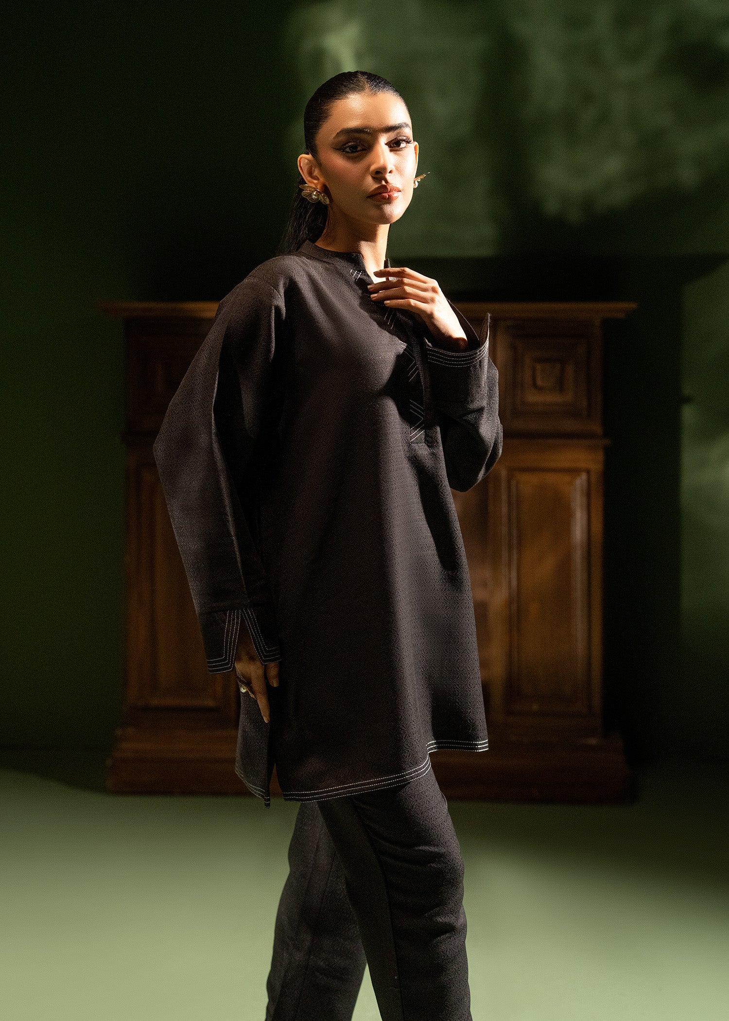 blended satin jacquard Co Ord Sets in Black