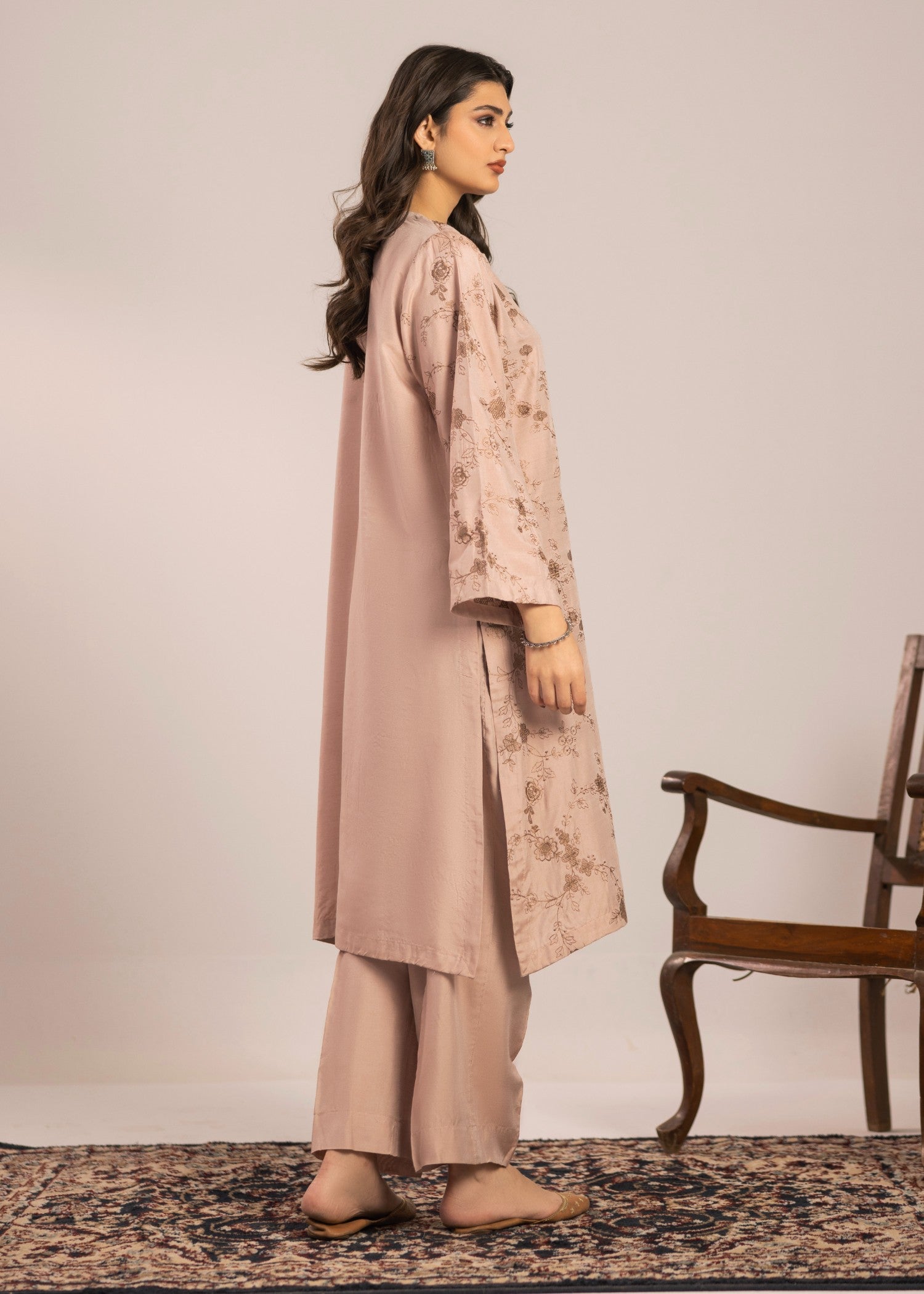 chambray Kurta Set in Peach pink