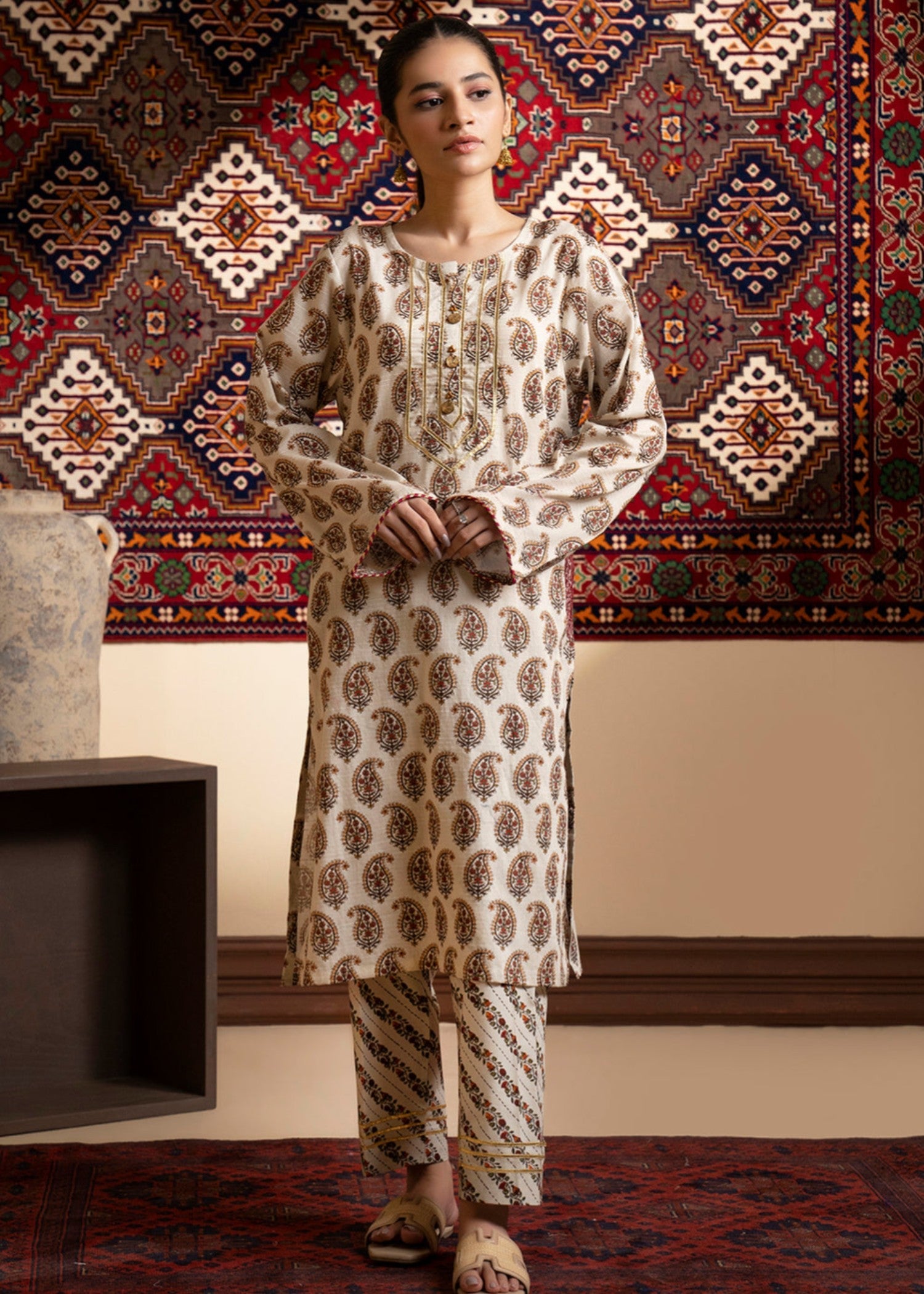 textured lawn Kurta Set in Beige