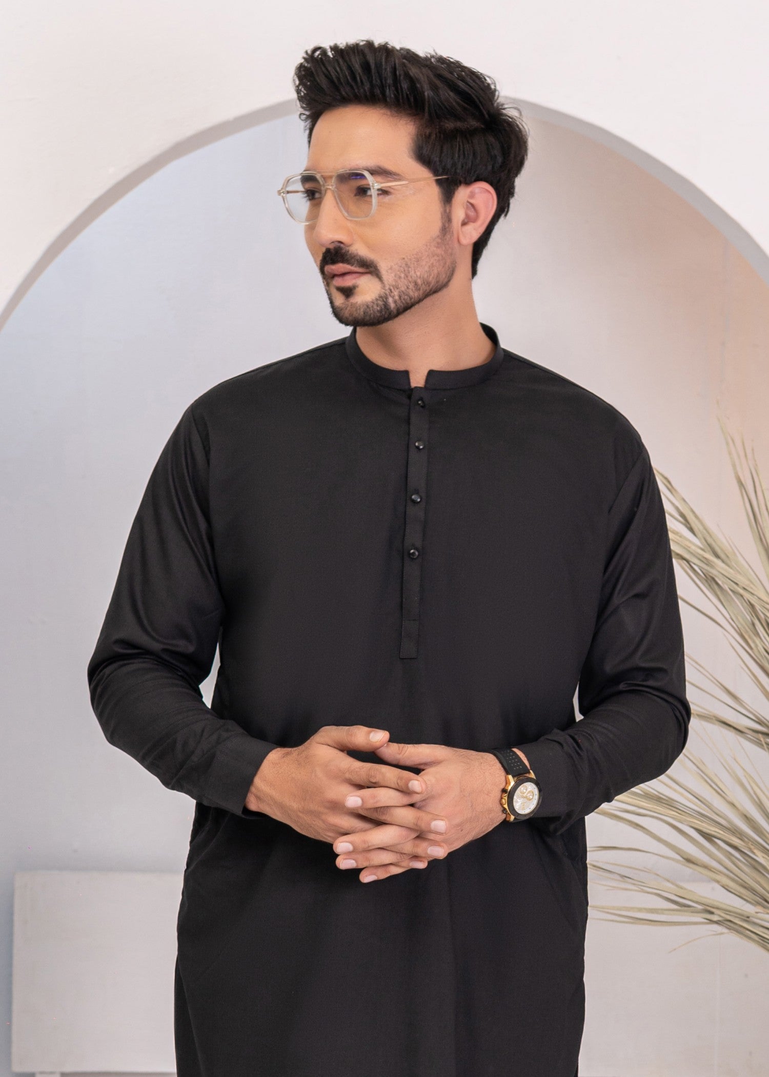 wash & wear Shalwar Kameez in Black by Hassan Jee Men