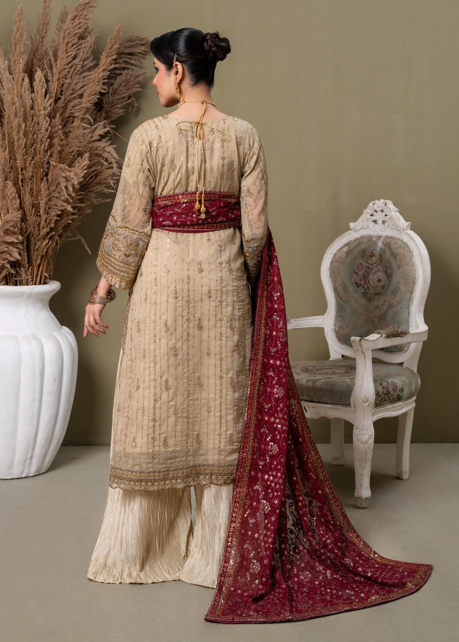 chiffon Kurta Set in Maroon, beige