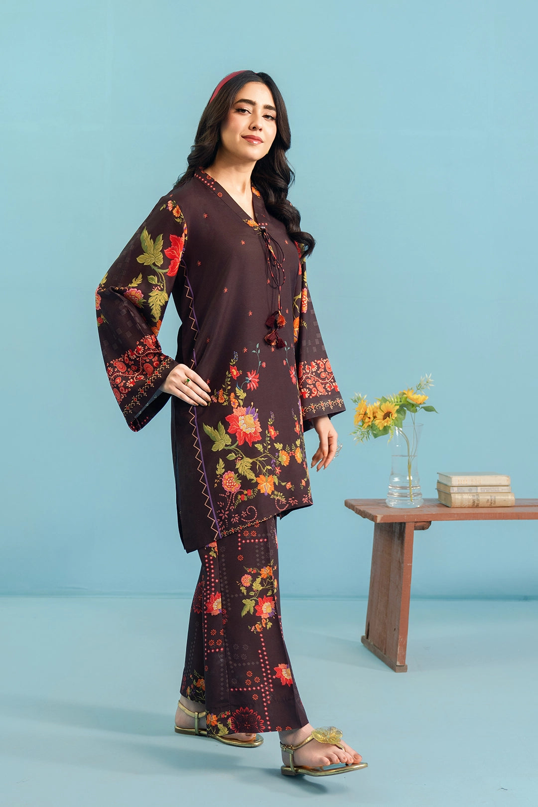silk finish lawn Co Ord Sets in Dark brown