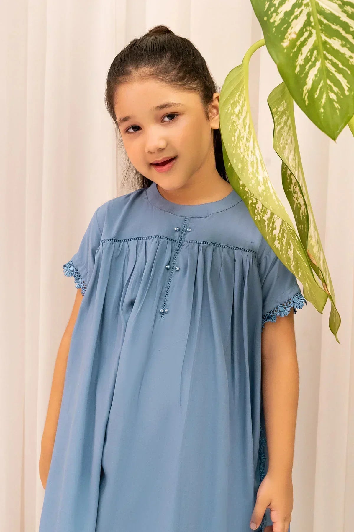 linen Short Frock in Powder blue